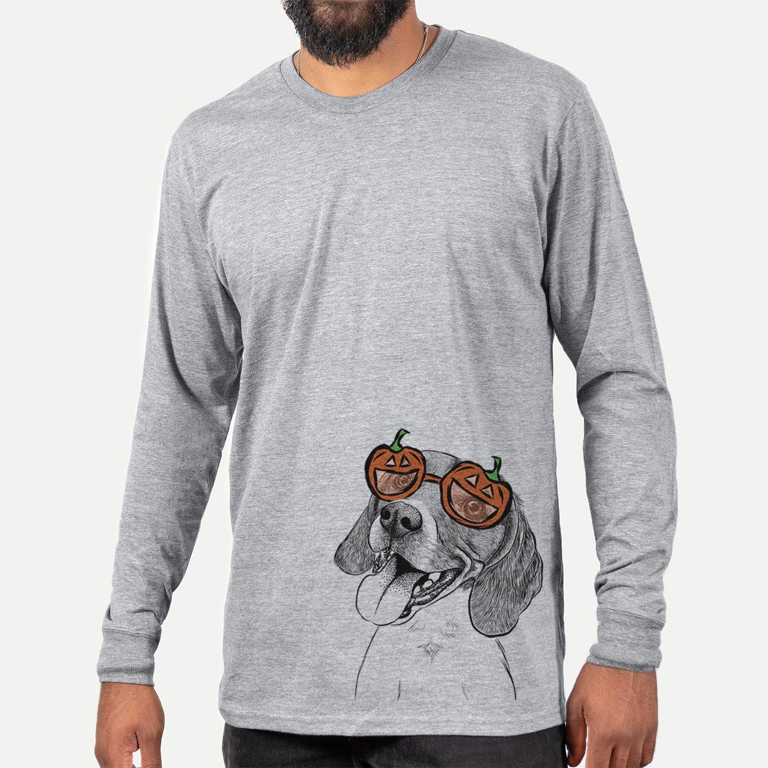 Hand-drawn sketch of Little Bandit the Beagle wearing pumpkin glasses on a Grey pumpkin collection, hanging on a wall