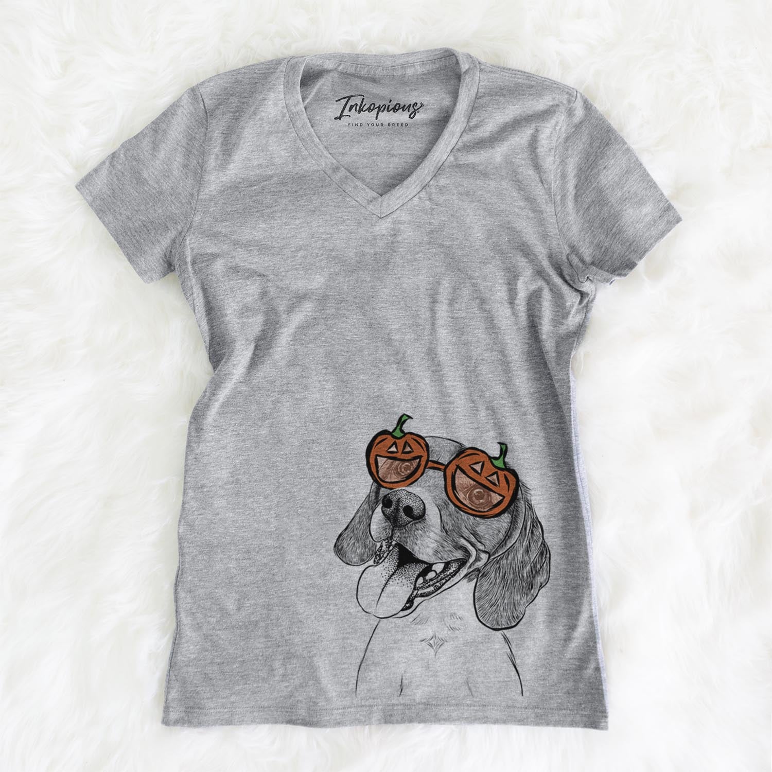 Hand-drawn sketch of Little Bandit the Beagle wearing pumpkin glasses on a Grey pumpkin collection, on a hanger