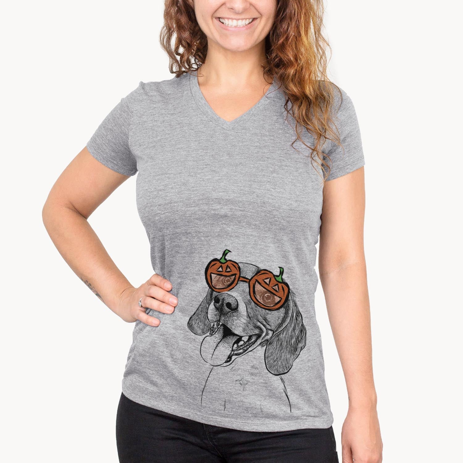 Hand-drawn sketch of Little Bandit the Beagle wearing pumpkin glasses on a Grey pumpkin collection