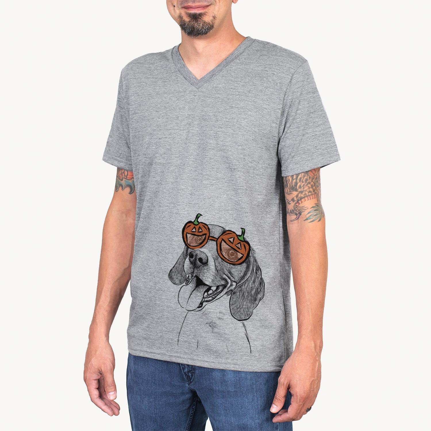 Hand-drawn sketch of Little Bandit the Beagle wearing pumpkin glasses on a Grey pumpkin collection