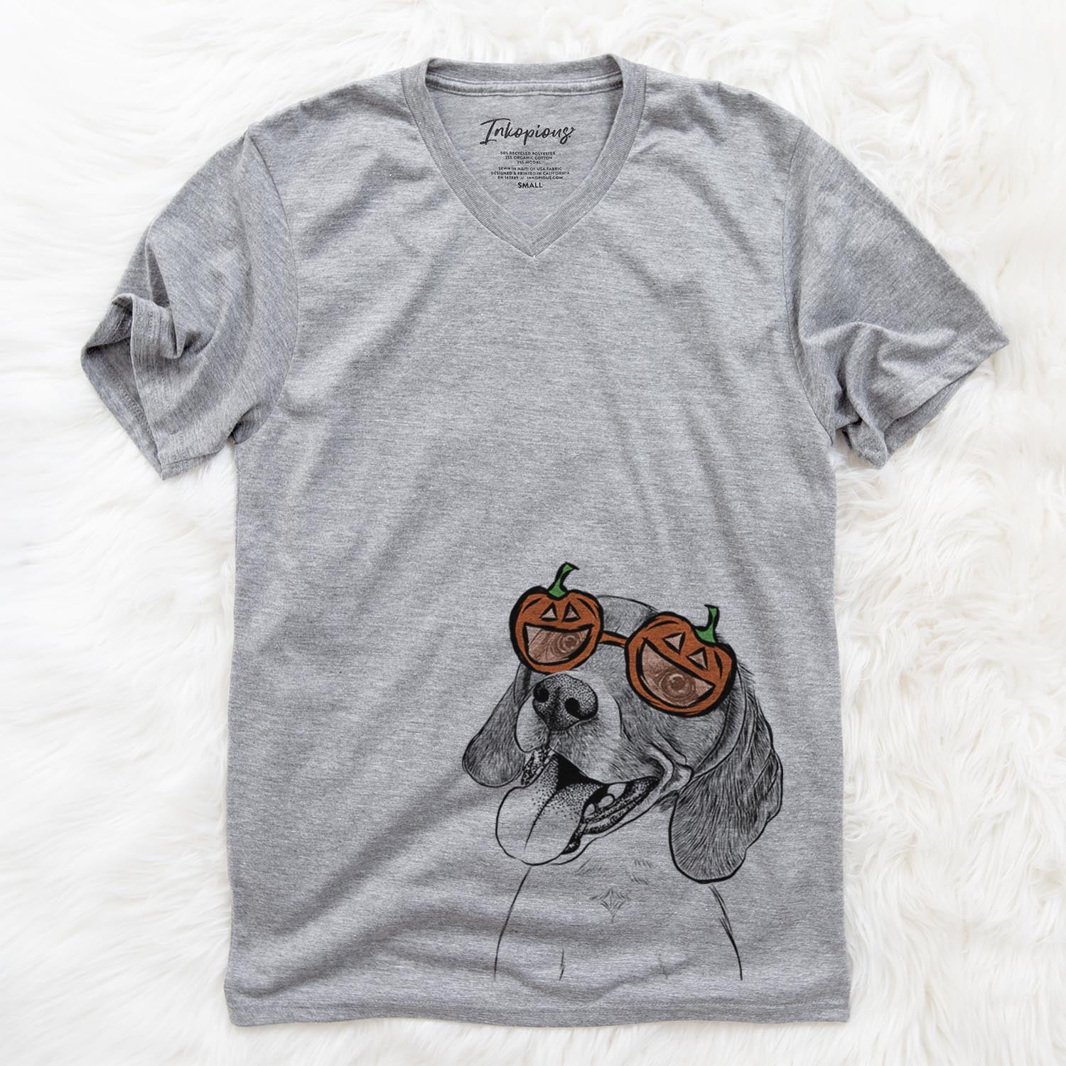 Hand-drawn sketch of Little Bandit the Beagle wearing pumpkin glasses on a Grey pumpkin collection