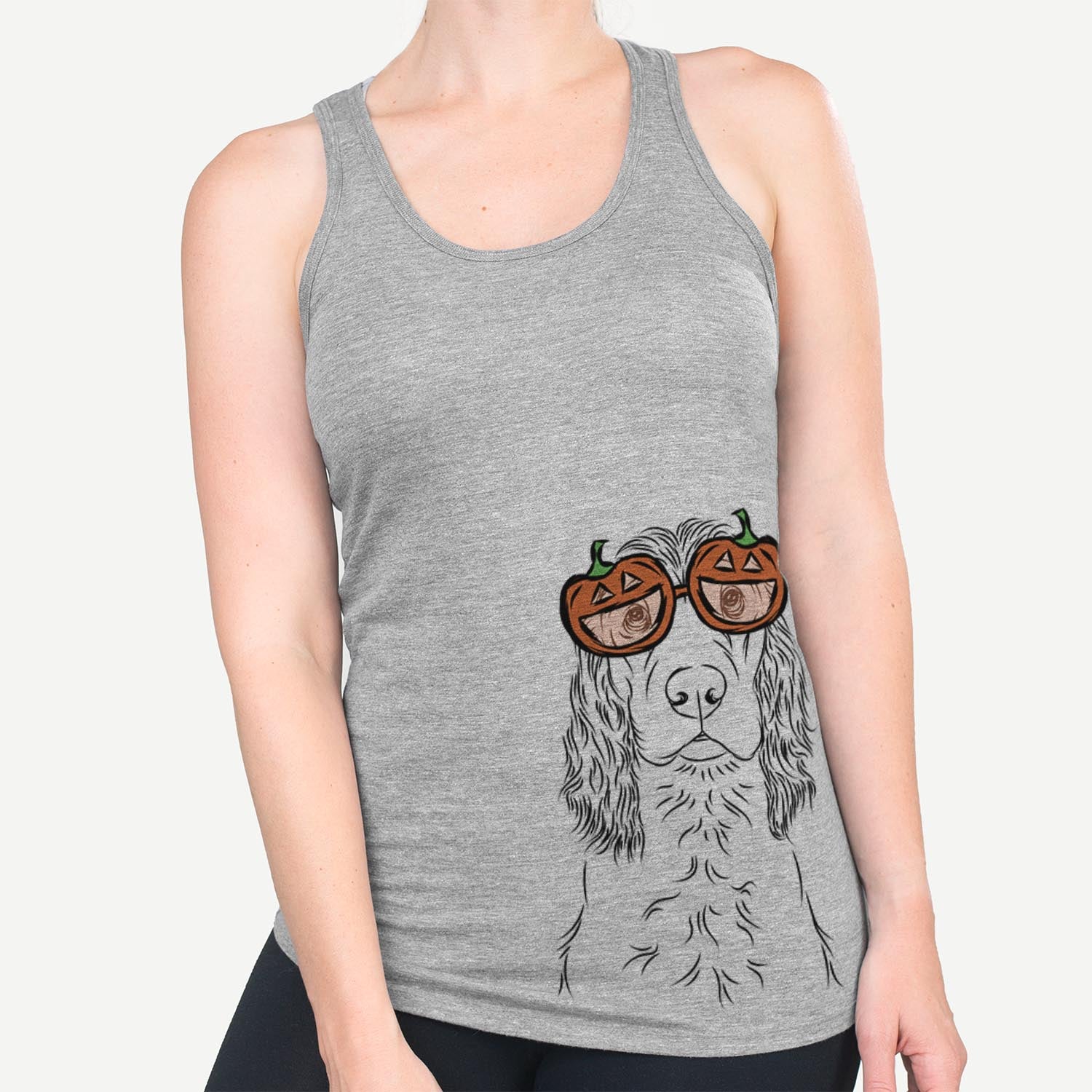Hand-drawn sketch of Logan the Cocker Spaniel wearing pumpkin glasses on a Grey pumpkin collection