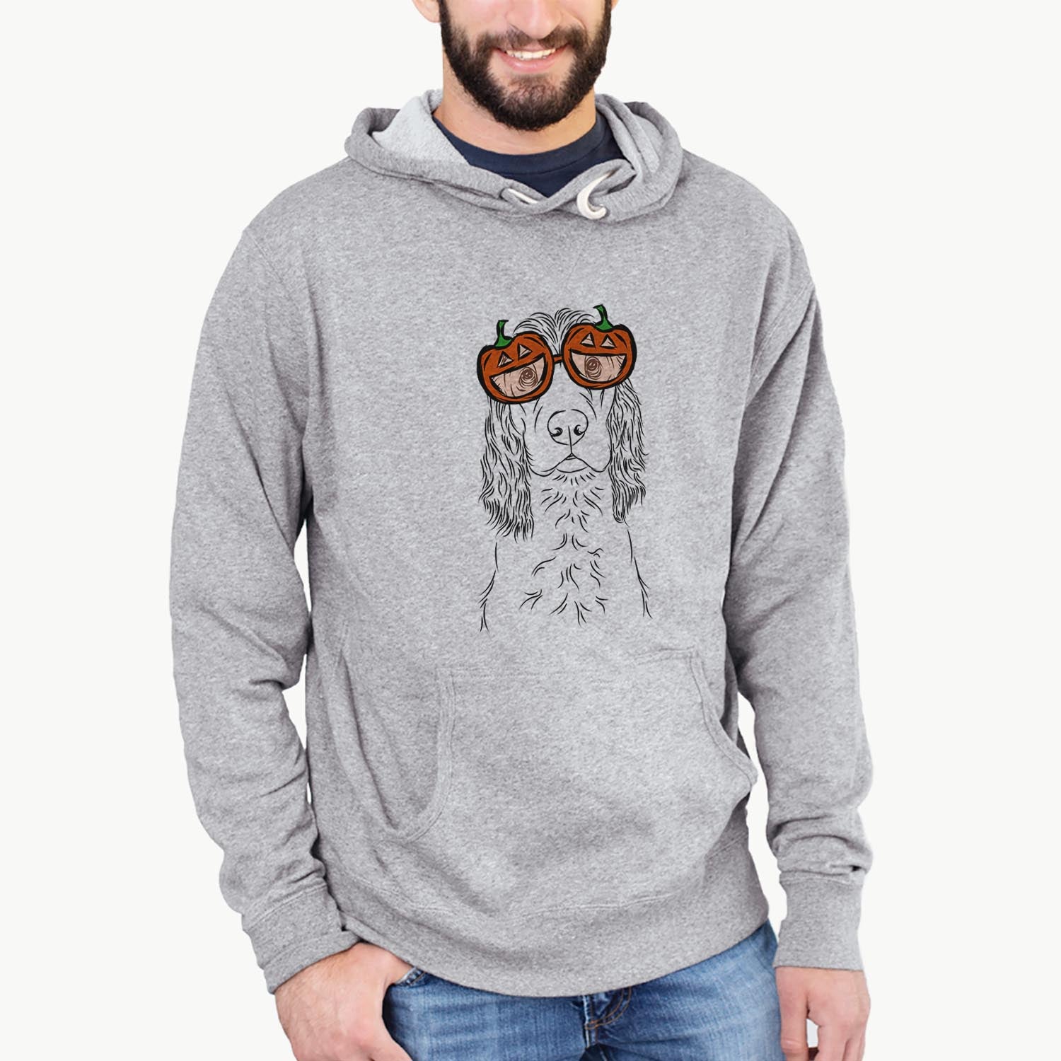 Hand-drawn sketch of Logan the Cocker Spaniel wearing pumpkin glasses on a Grey pumpkin collection