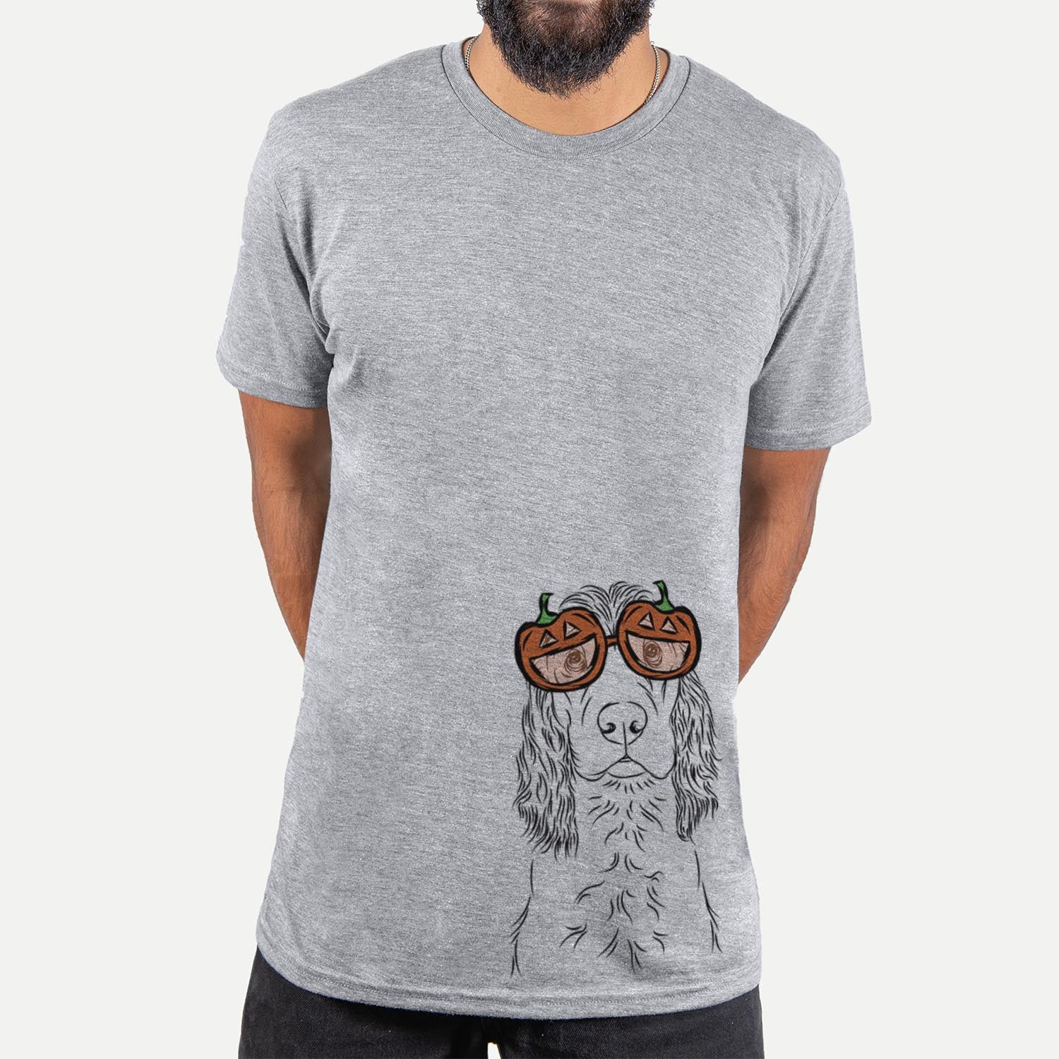 Hand-drawn sketch of Logan the Cocker Spaniel wearing pumpkin glasses on a Grey pumpkin collection, hanging on a wall