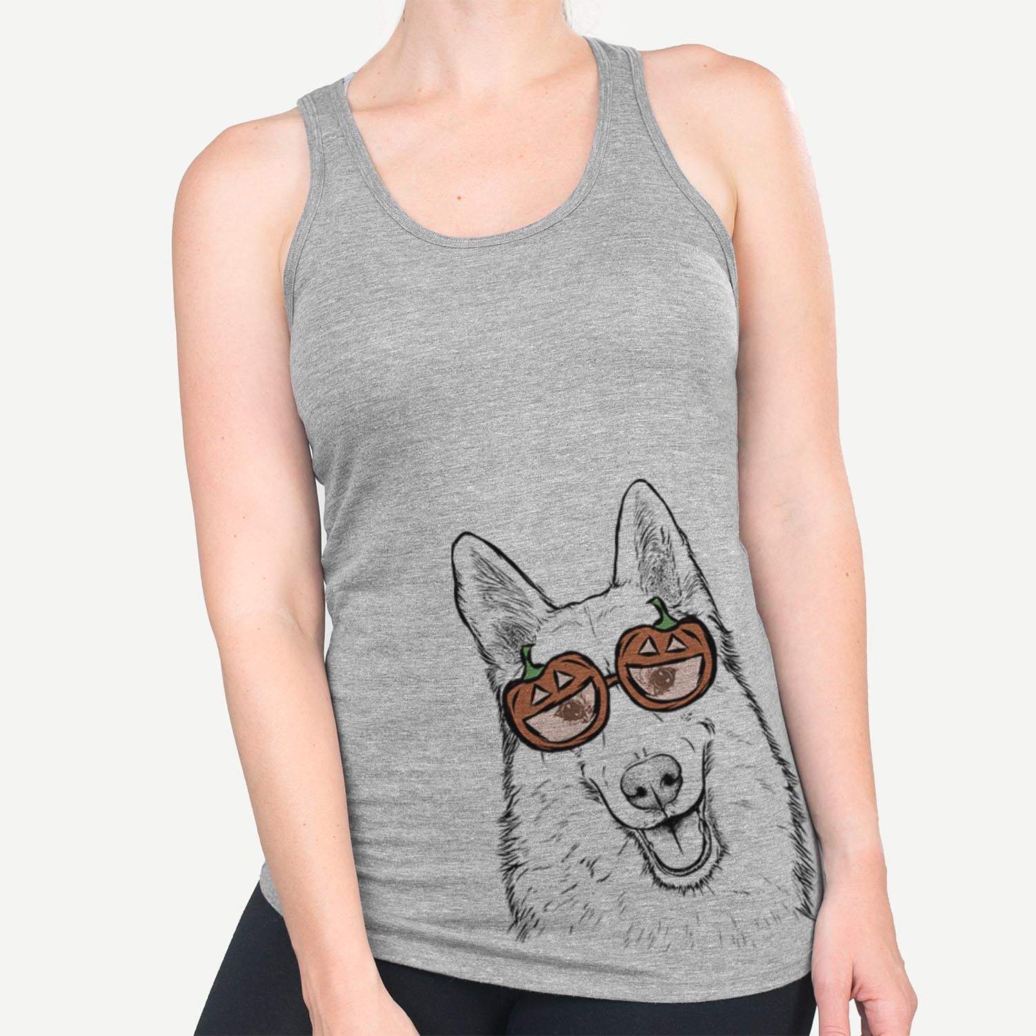 Hand-drawn sketch of Loki the Husky Shepherd Mix wearing pumpkin glasses on a Loki Mix pumpkin collection
