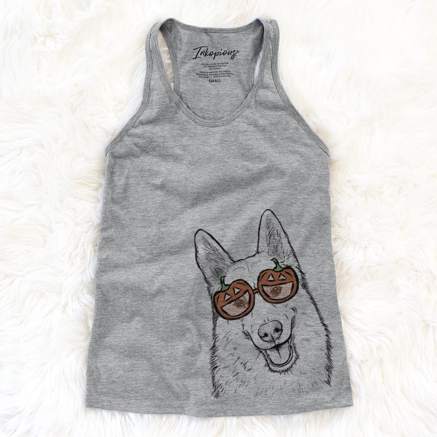 Hand-drawn sketch of Loki the Husky Shepherd Mix wearing pumpkin glasses on a Loki Mix pumpkin collection