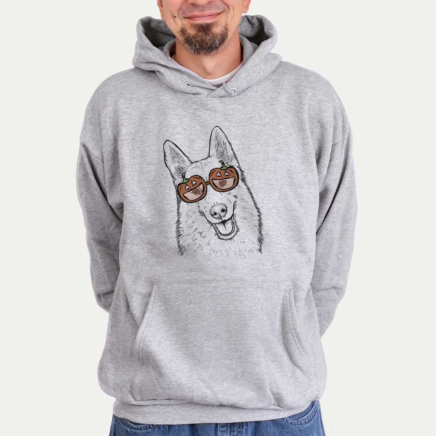 Hand-drawn sketch of Loki the Husky Shepherd Mix wearing pumpkin glasses on a Loki Mix pumpkin collection, hanging on a wall