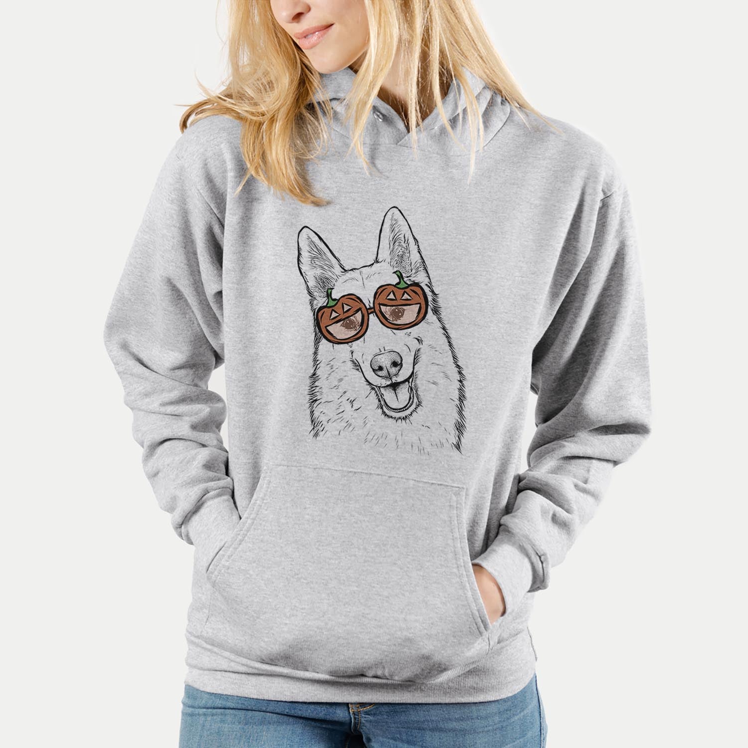 Hand-drawn sketch of Loki the Husky Shepherd Mix wearing pumpkin glasses on a Loki Mix pumpkin collection