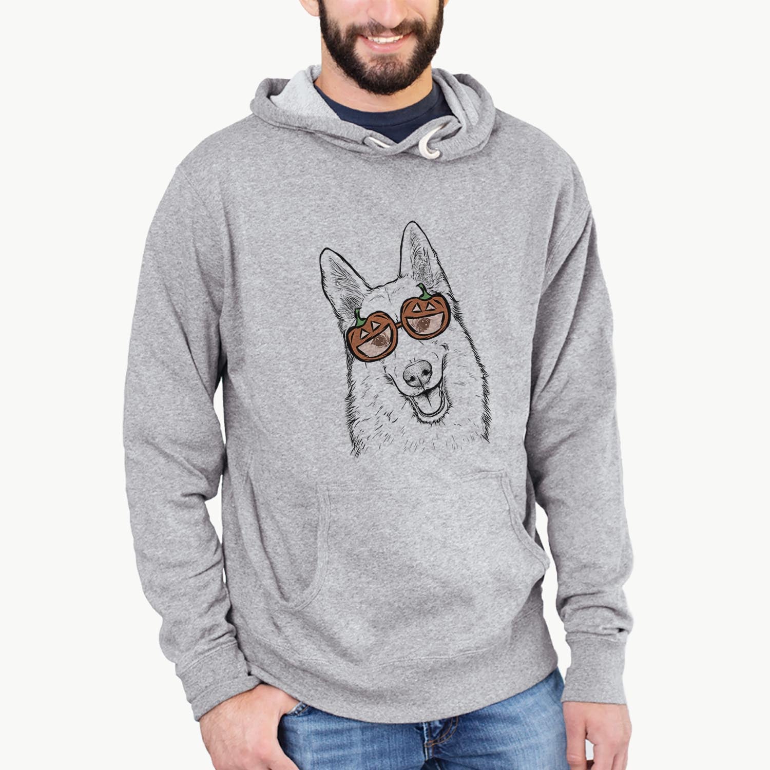 Hand-drawn sketch of Loki the Husky Shepherd Mix wearing pumpkin glasses on a Loki Mix pumpkin collection