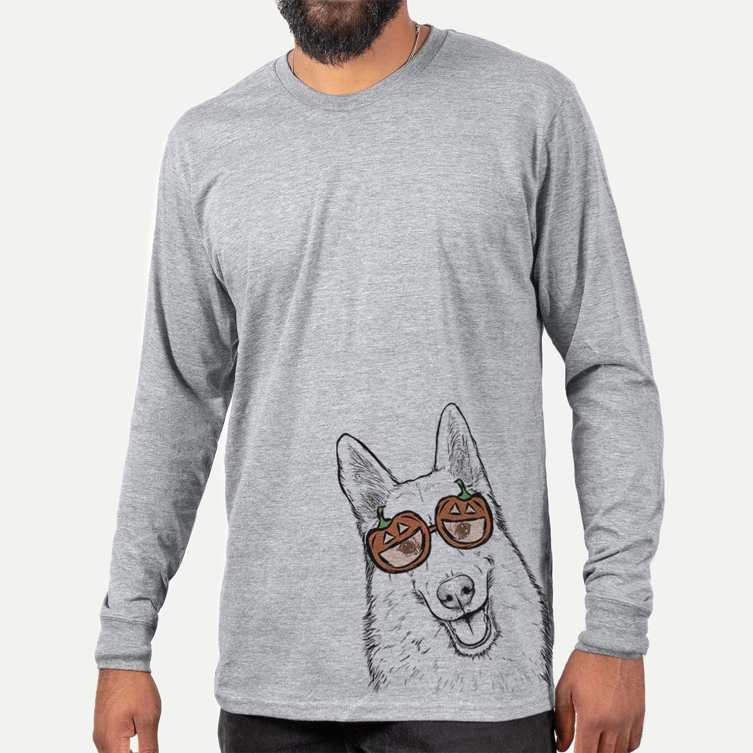 Hand-drawn sketch of Loki the Husky Shepherd Mix wearing pumpkin glasses on a Loki Mix pumpkin collection, hanging on a wall