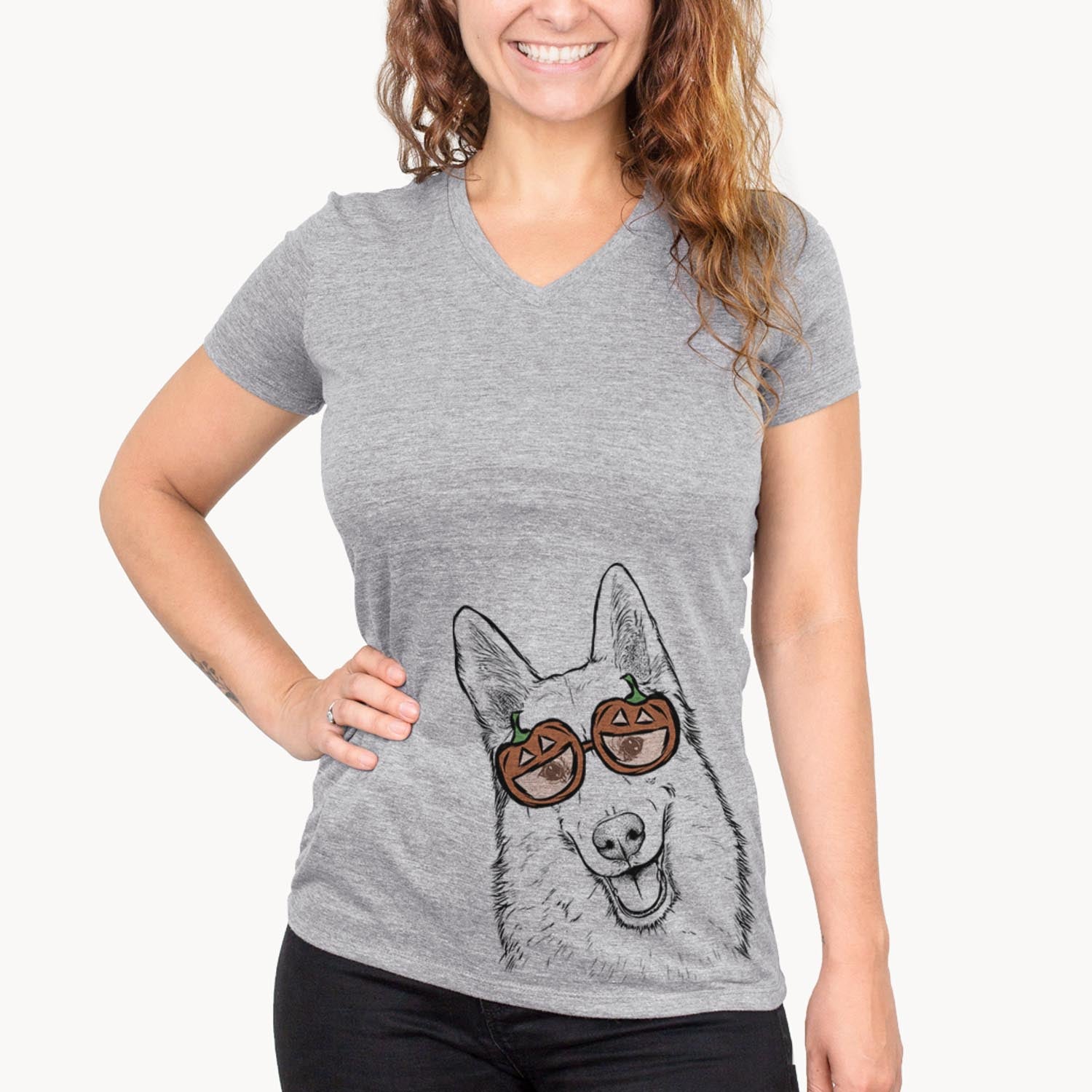 Hand-drawn sketch of Loki the Husky Shepherd Mix wearing pumpkin glasses on a Loki Mix pumpkin collection