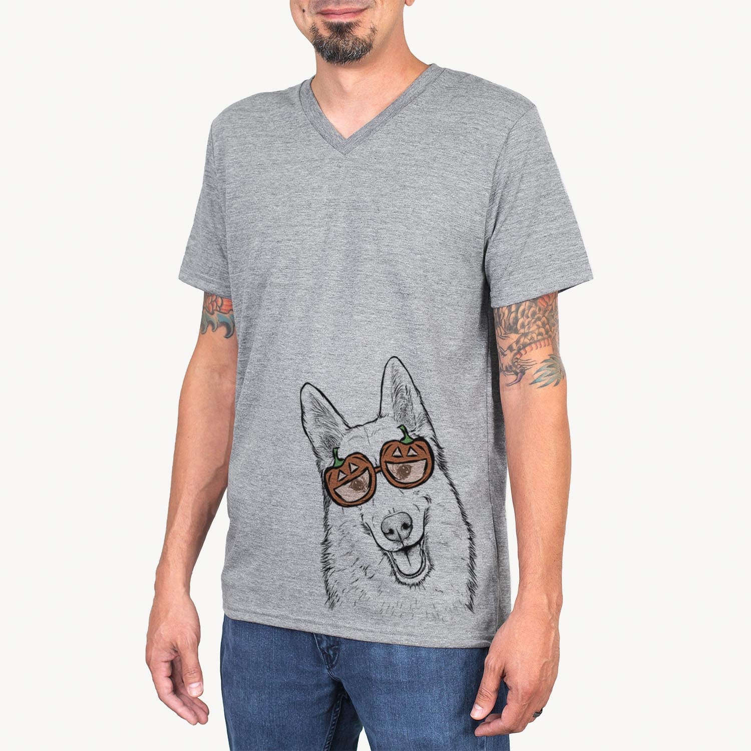 Hand-drawn sketch of Loki the Husky Shepherd Mix wearing pumpkin glasses on a Loki Mix pumpkin collection