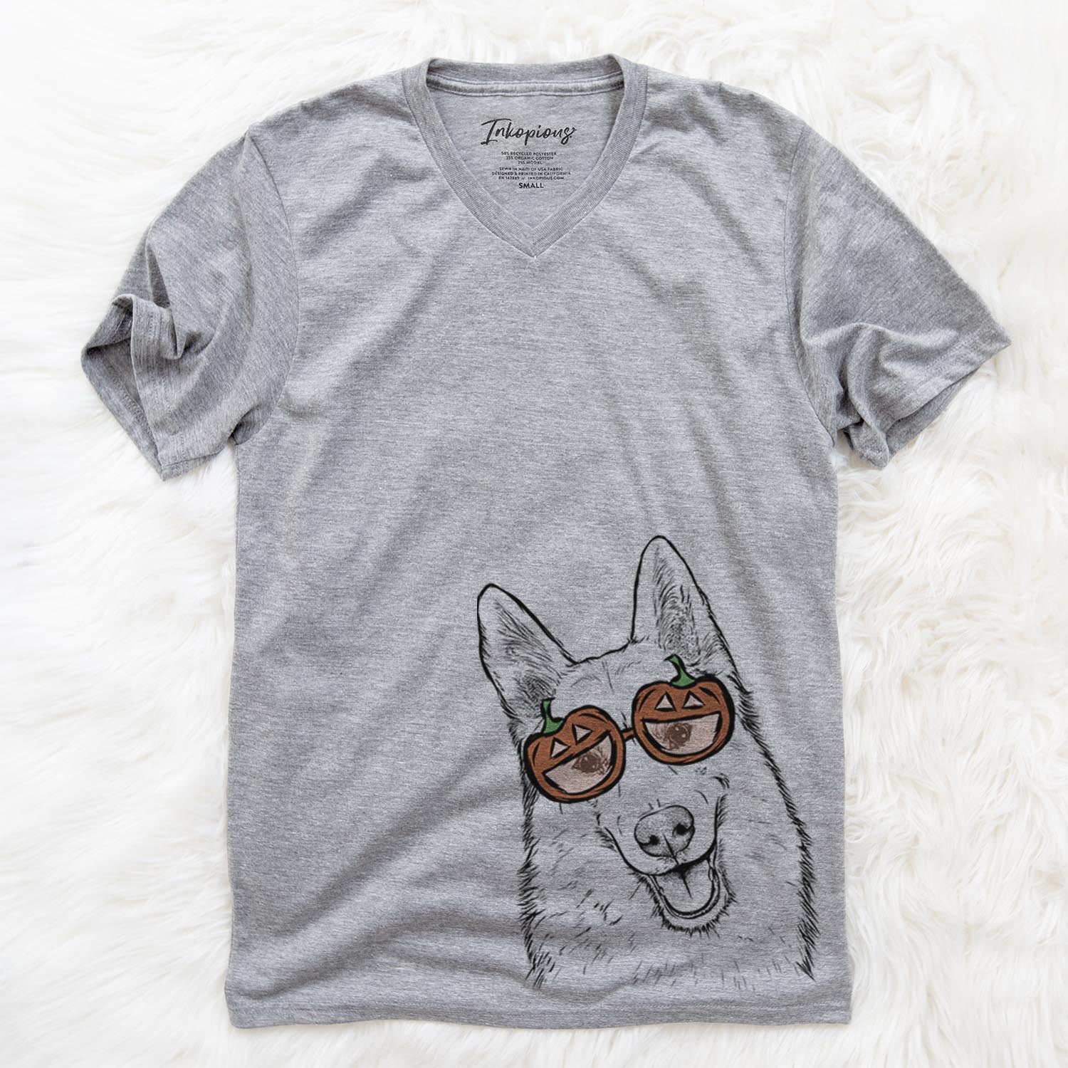 Hand-drawn sketch of Loki the Husky Shepherd Mix wearing pumpkin glasses on a Loki Mix pumpkin collection