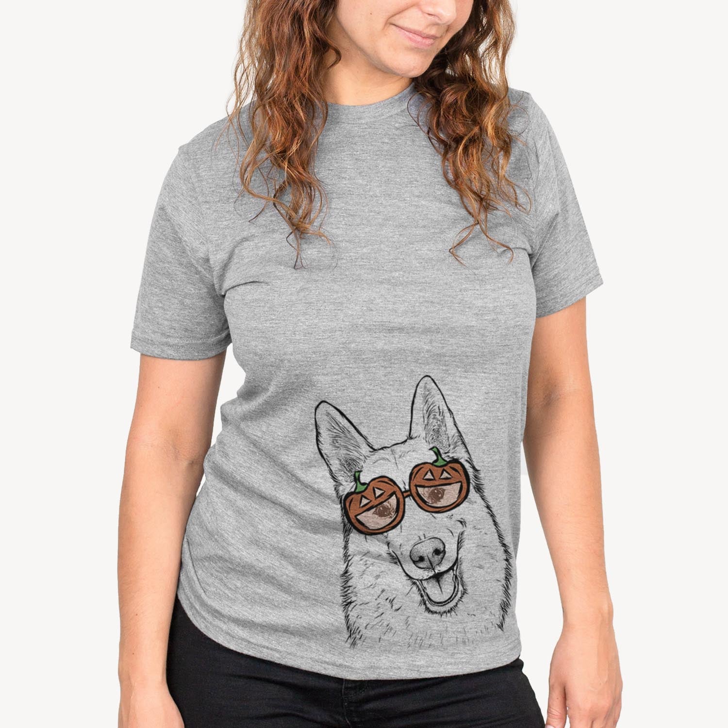 Hand-drawn sketch of Loki the Husky Shepherd Mix wearing pumpkin glasses on a Loki Mix pumpkin collection, on a hanger