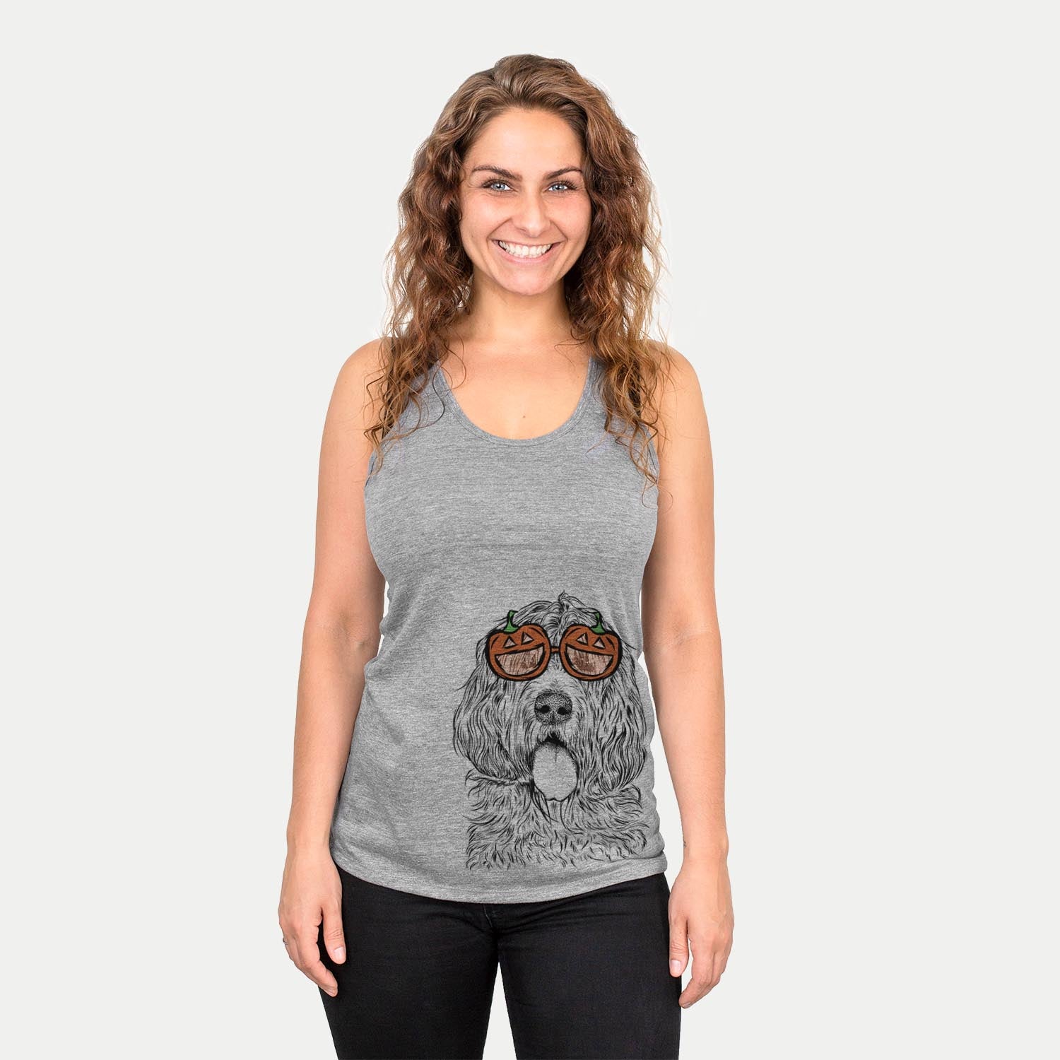 Hand-drawn sketch of Lou the Otterhound wearing pumpkin glasses on a Grey pumpkin collection