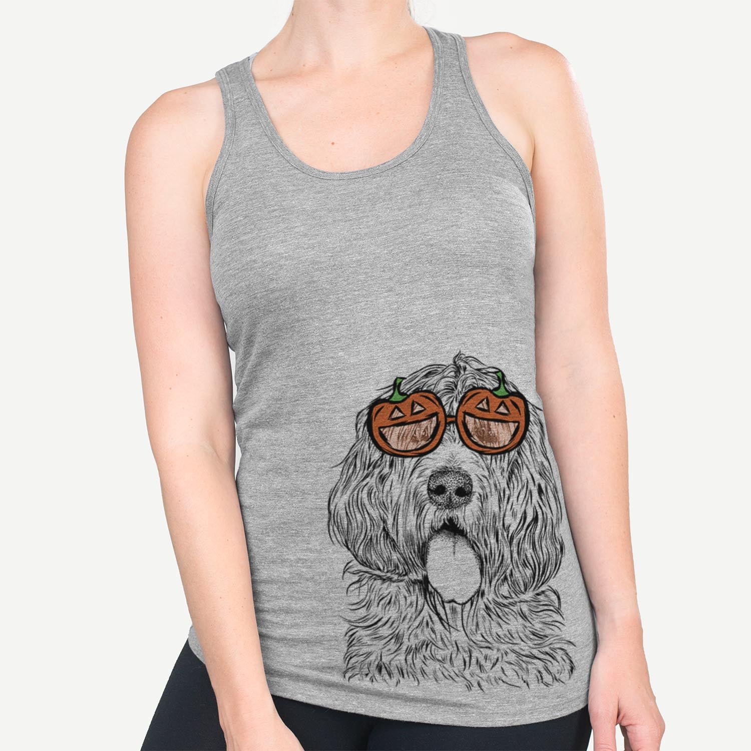 Hand-drawn sketch of Lou the Otterhound wearing pumpkin glasses on a Grey pumpkin collection