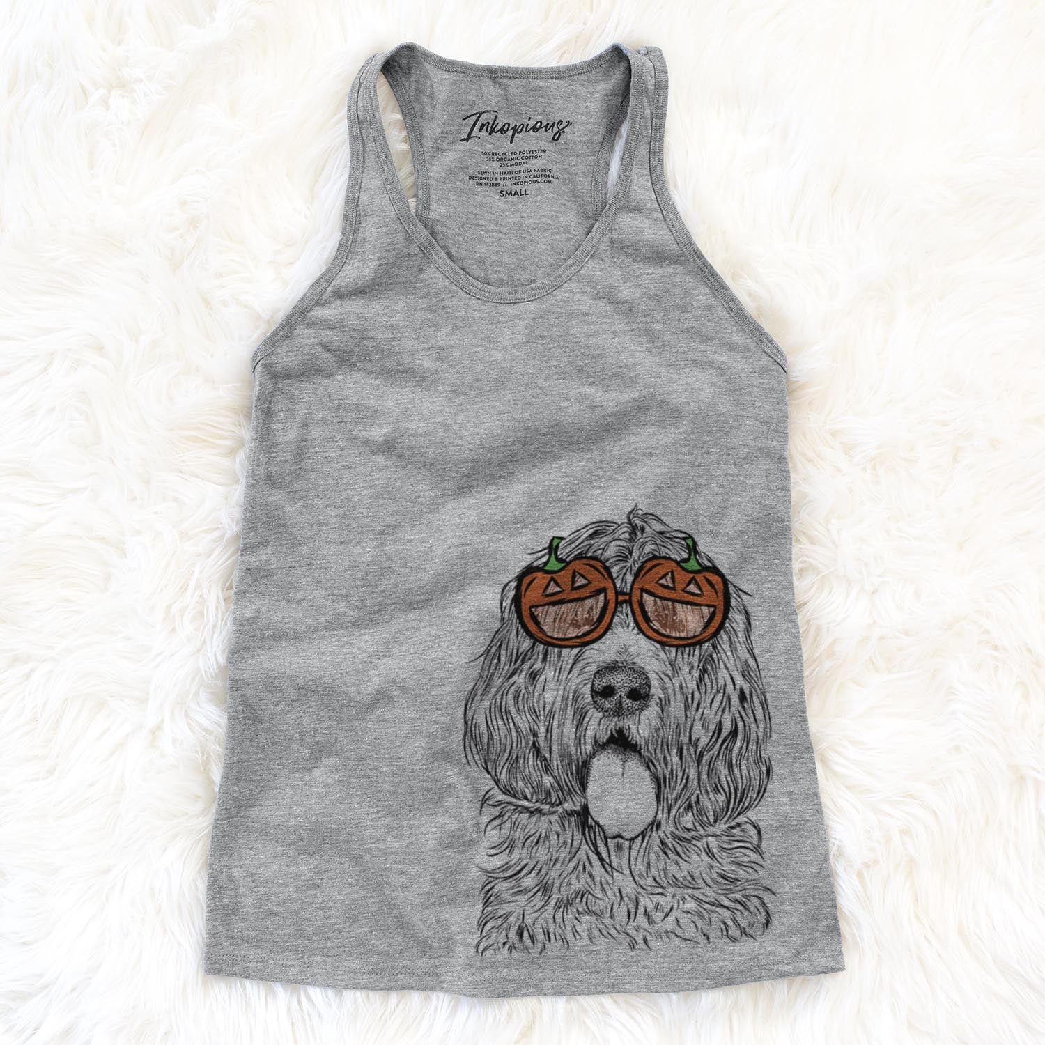 Hand-drawn sketch of Lou the Otterhound wearing pumpkin glasses on a Grey pumpkin collection