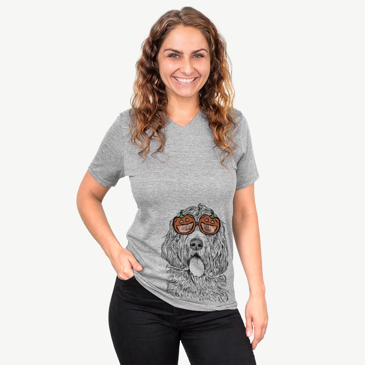 Hand-drawn sketch of Lou the Otterhound wearing pumpkin glasses on a Grey pumpkin collection