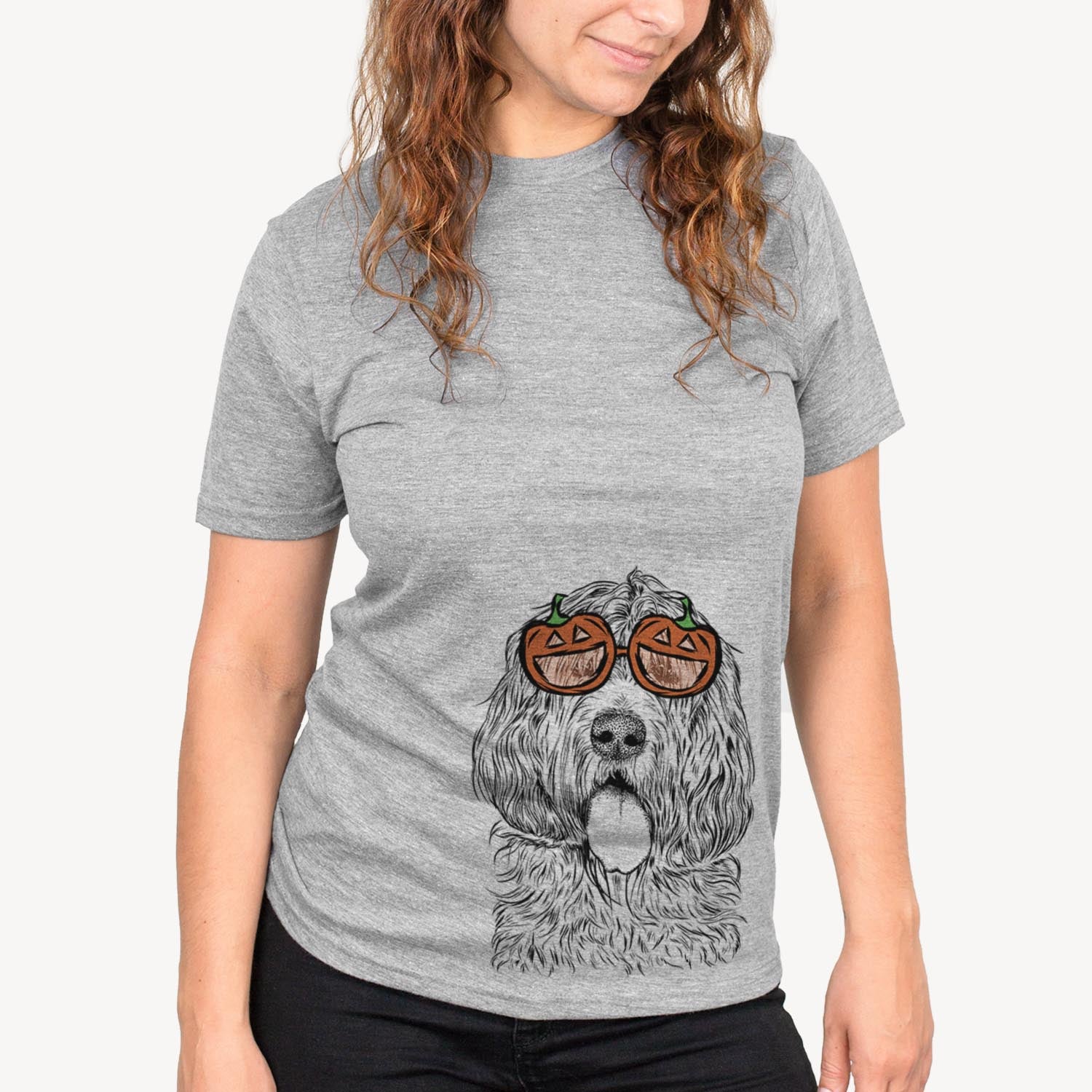 Hand-drawn sketch of Lou the Otterhound wearing pumpkin glasses on a Grey pumpkin collection, on a hanger