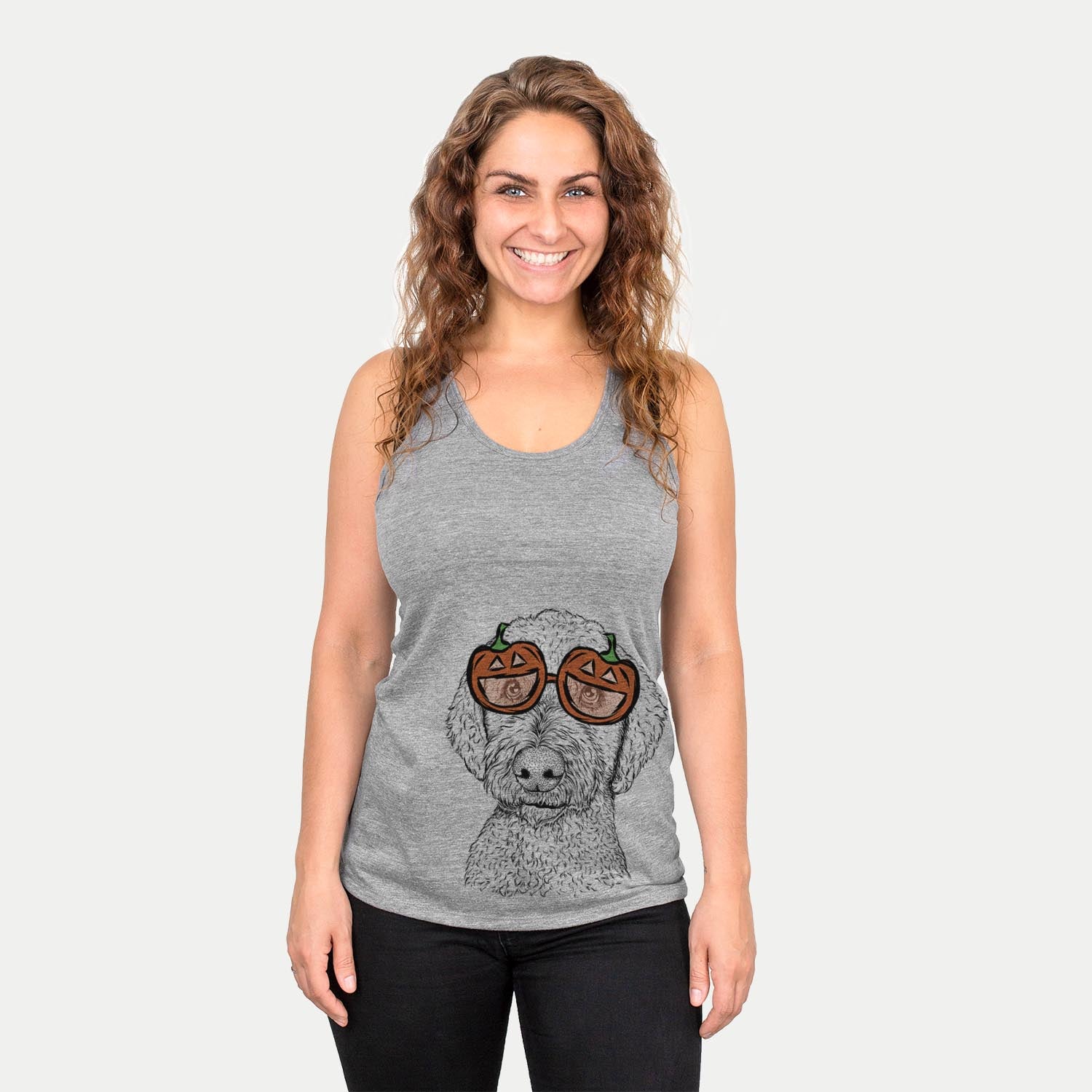 Hand-drawn sketch of Lucy Boo the Goldendoodle wearing pumpkin glasses on a Grey pumpkin collection