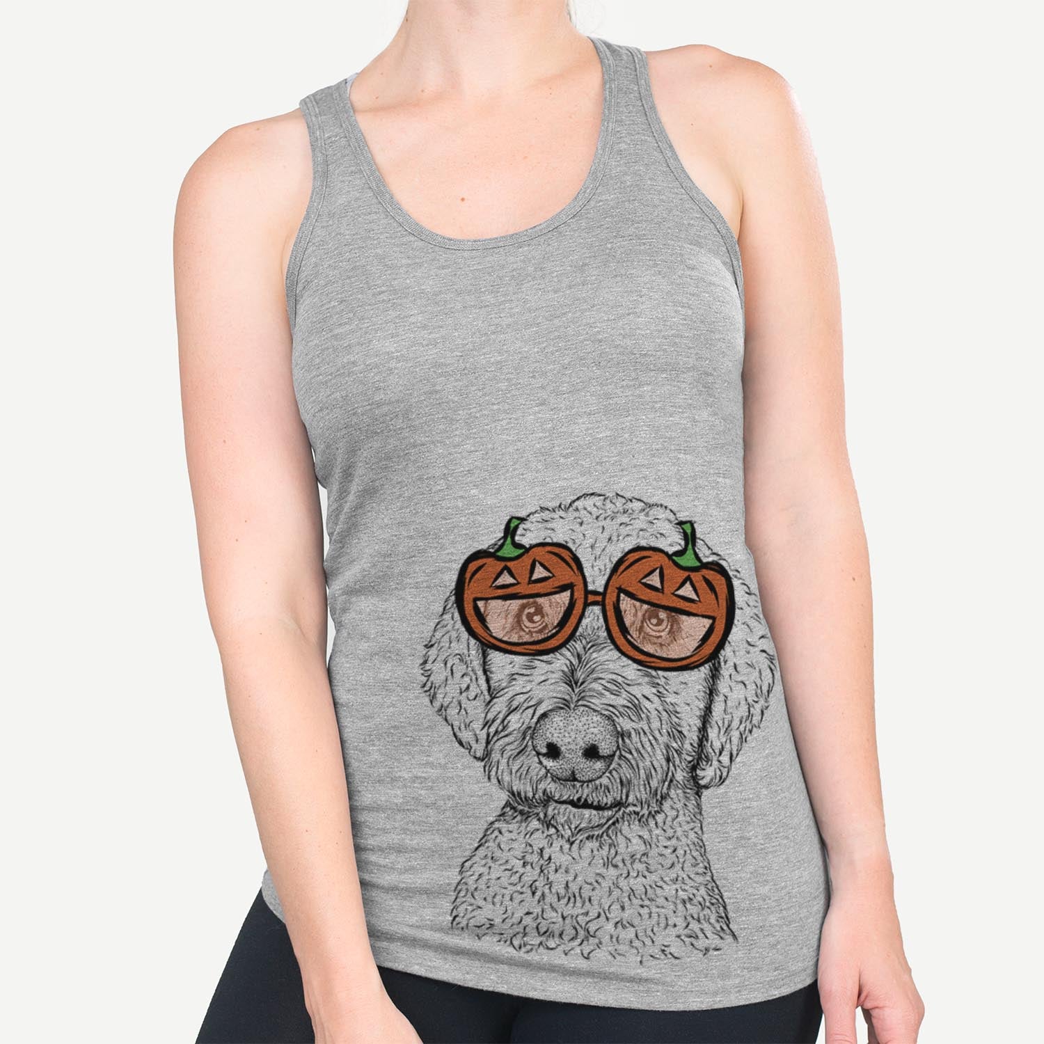 Hand-drawn sketch of Lucy Boo the Goldendoodle wearing pumpkin glasses on a Grey pumpkin collection