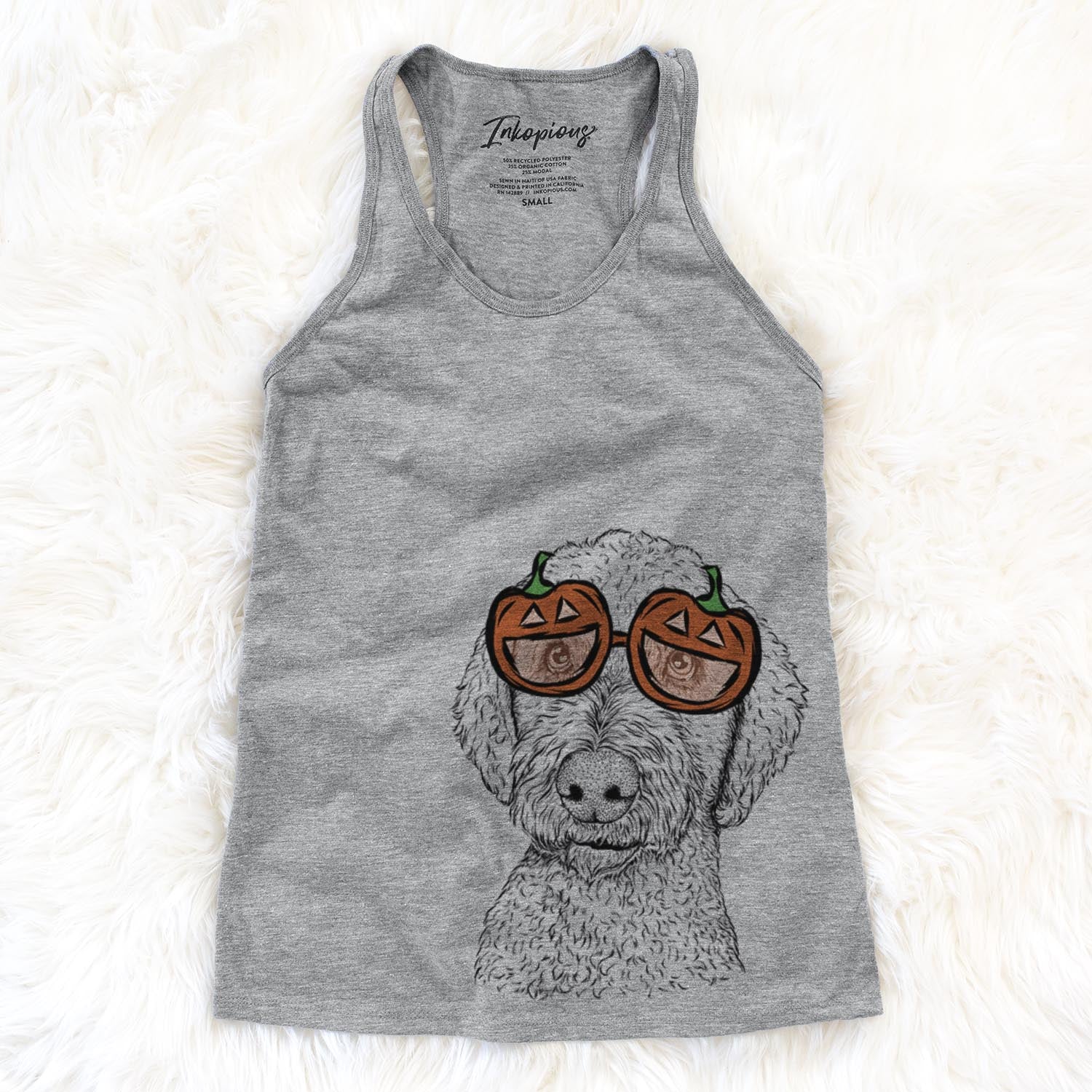 Hand-drawn sketch of Lucy Boo the Goldendoodle wearing pumpkin glasses on a Grey pumpkin collection