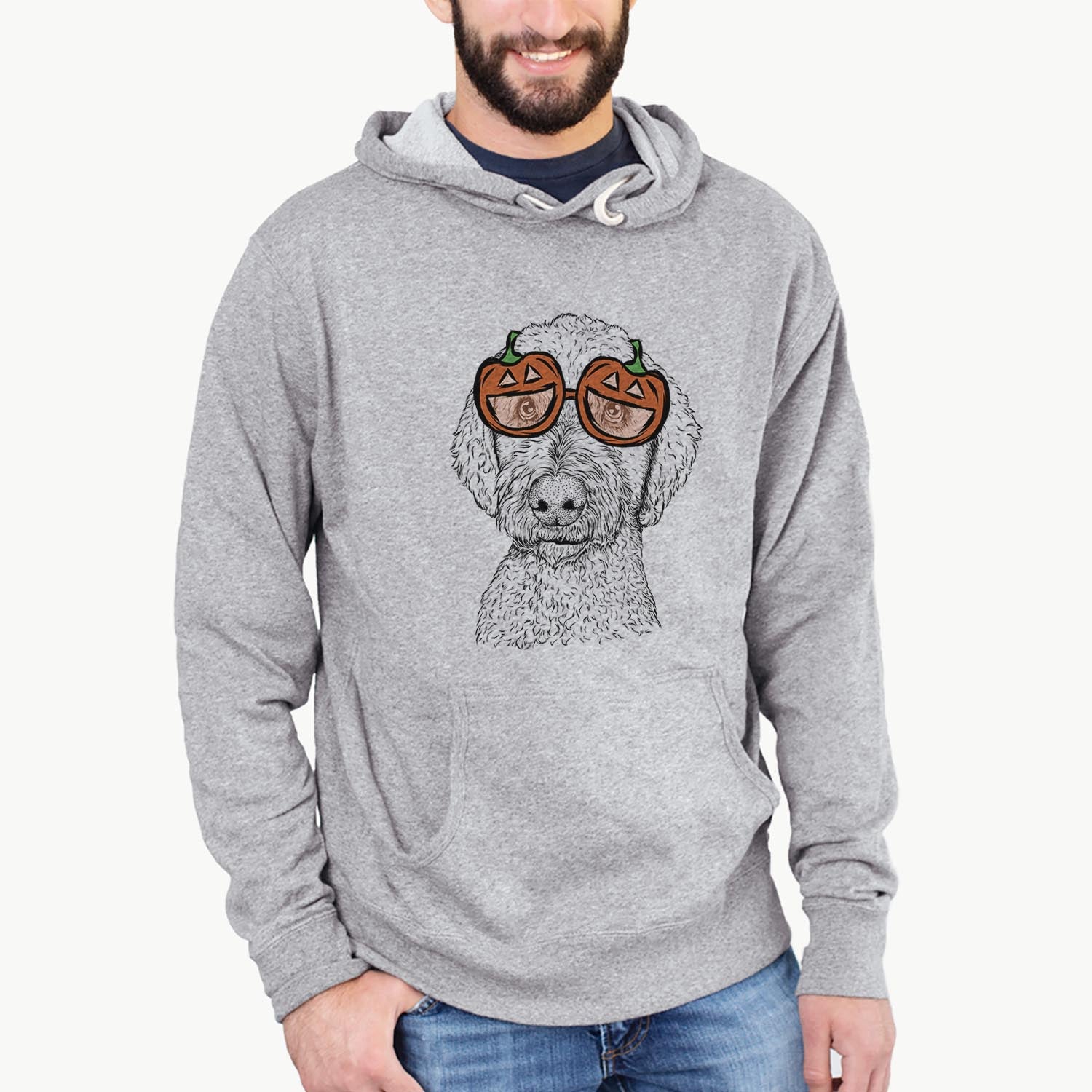 Hand-drawn sketch of Lucy Boo the Goldendoodle wearing pumpkin glasses on a Grey pumpkin collection