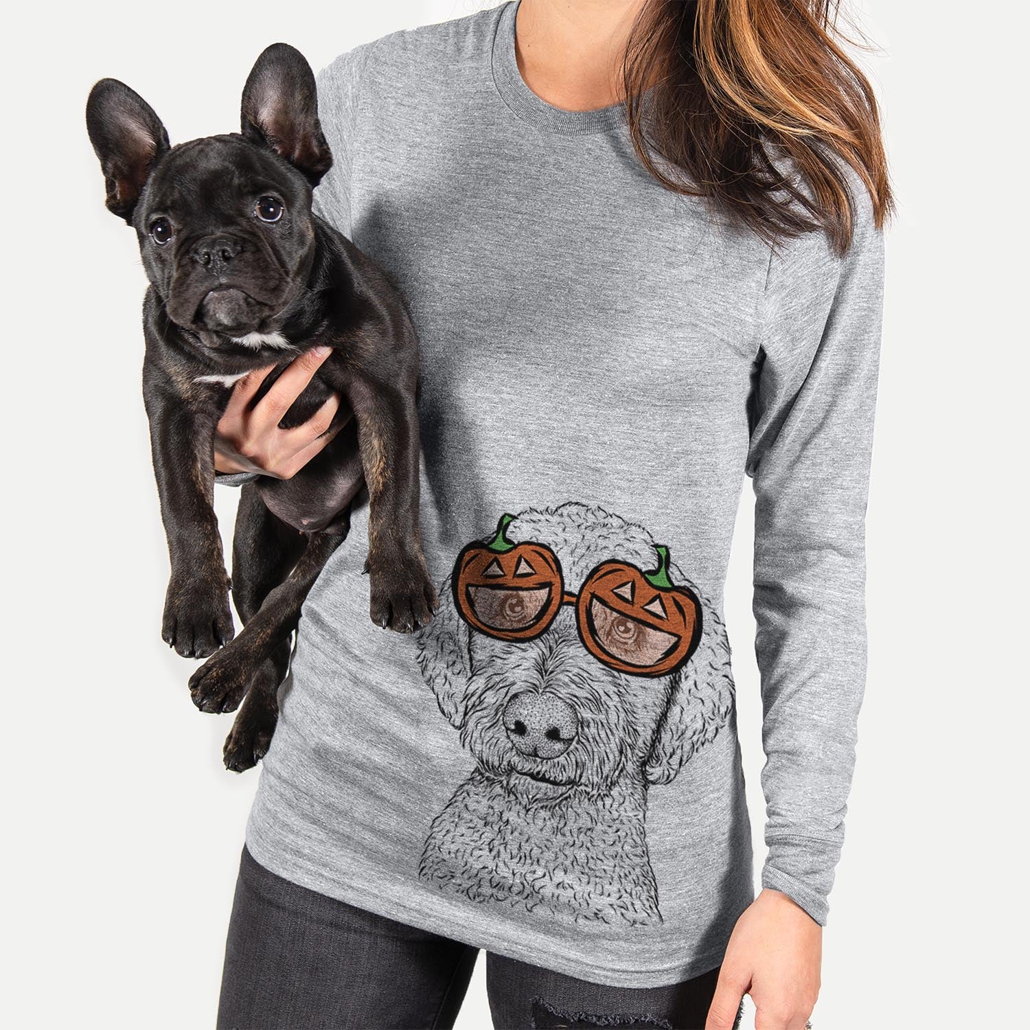 Hand-drawn sketch of Lucy Boo the Goldendoodle wearing pumpkin glasses on a Grey pumpkin collection