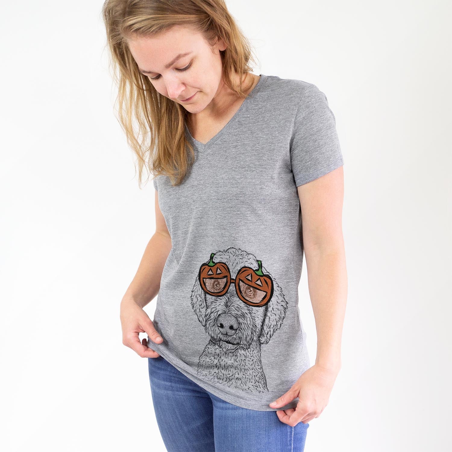 Hand-drawn sketch of Lucy Boo the Goldendoodle wearing pumpkin glasses on a Grey pumpkin collection