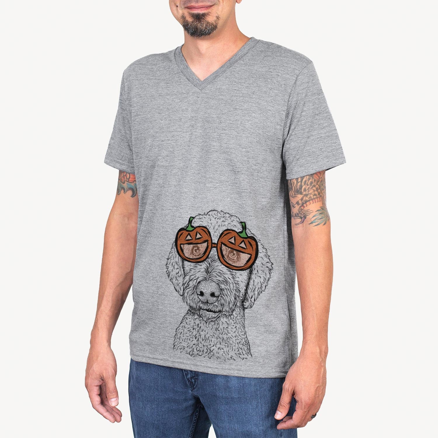 Hand-drawn sketch of Lucy Boo the Goldendoodle wearing pumpkin glasses on a Grey pumpkin collection