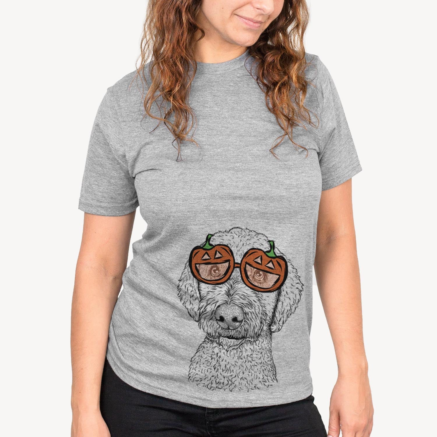 Hand-drawn sketch of Lucy Boo the Goldendoodle wearing pumpkin glasses on a Grey pumpkin collection, on a hanger