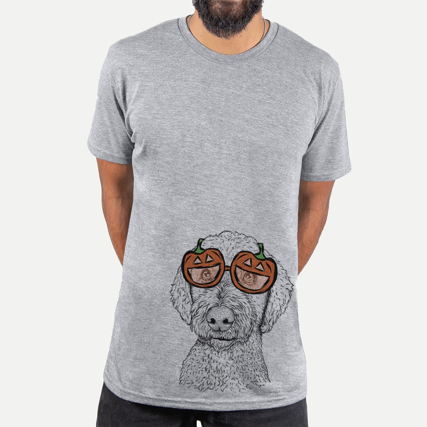 Hand-drawn sketch of Lucy Boo the Goldendoodle wearing pumpkin glasses on a Grey pumpkin collection, hanging on a wall