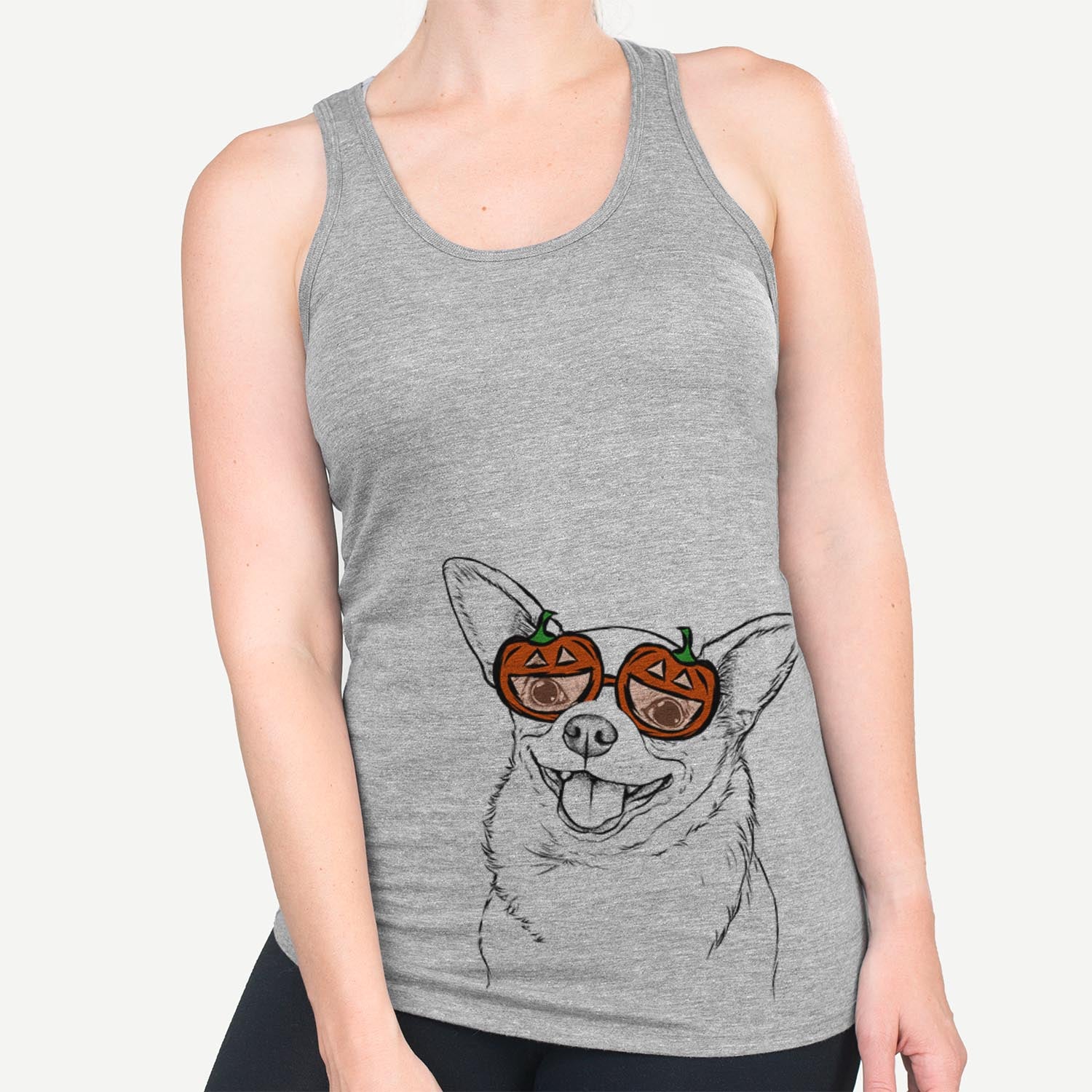 Hand-drawn sketch of Maddison Pearl the Chihuahua wearing pumpkin glasses on a Grey pumpkin collection