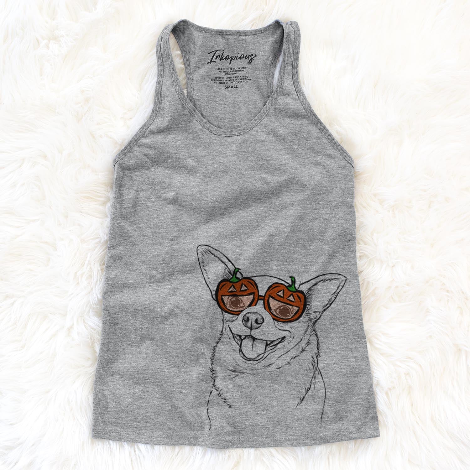 Hand-drawn sketch of Maddison Pearl the Chihuahua wearing pumpkin glasses on a Grey pumpkin collection