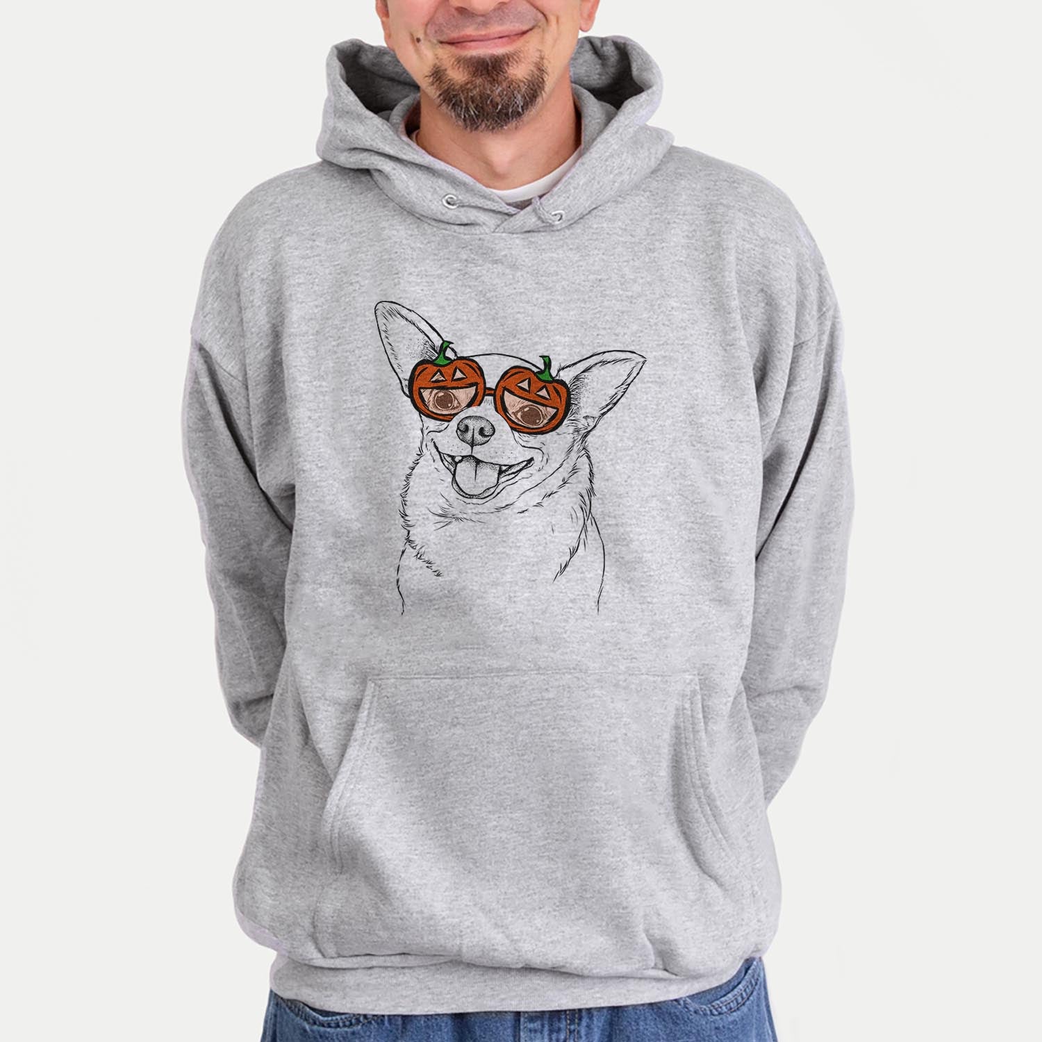Hand-drawn sketch of Maddison Pearl the Chihuahua wearing pumpkin glasses on a Grey pumpkin collection, hanging on a wall