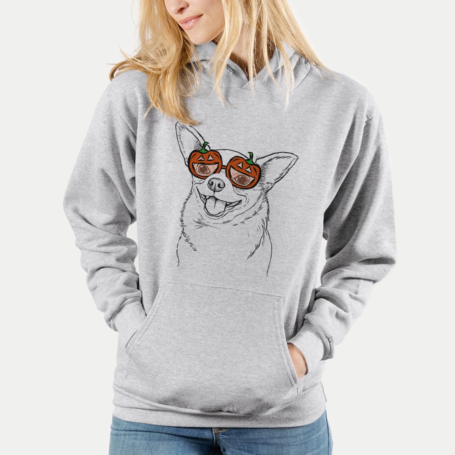 Hand-drawn sketch of Maddison Pearl the Chihuahua wearing pumpkin glasses on a Grey pumpkin collection