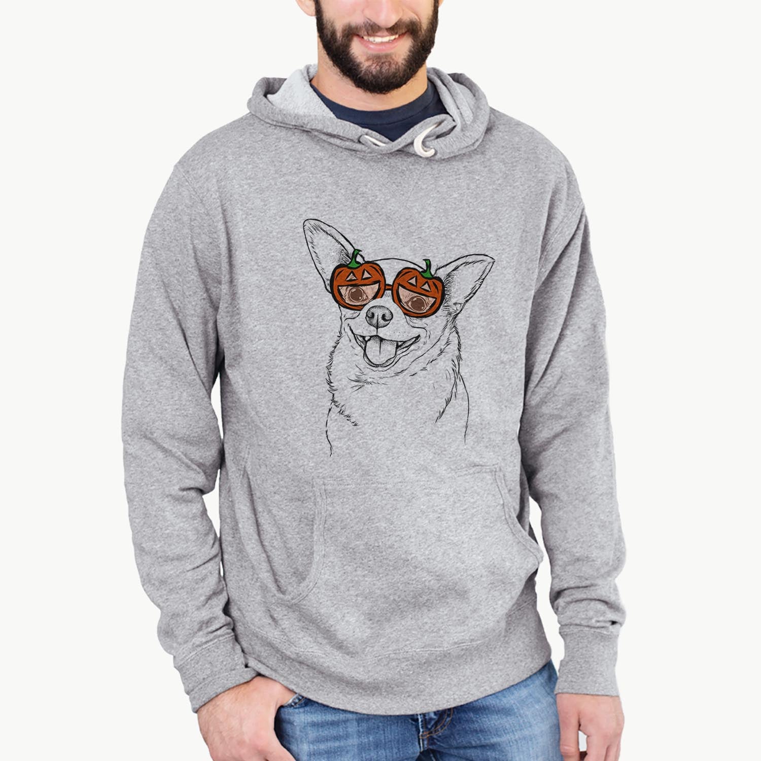 Hand-drawn sketch of Maddison Pearl the Chihuahua wearing pumpkin glasses on a Grey pumpkin collection