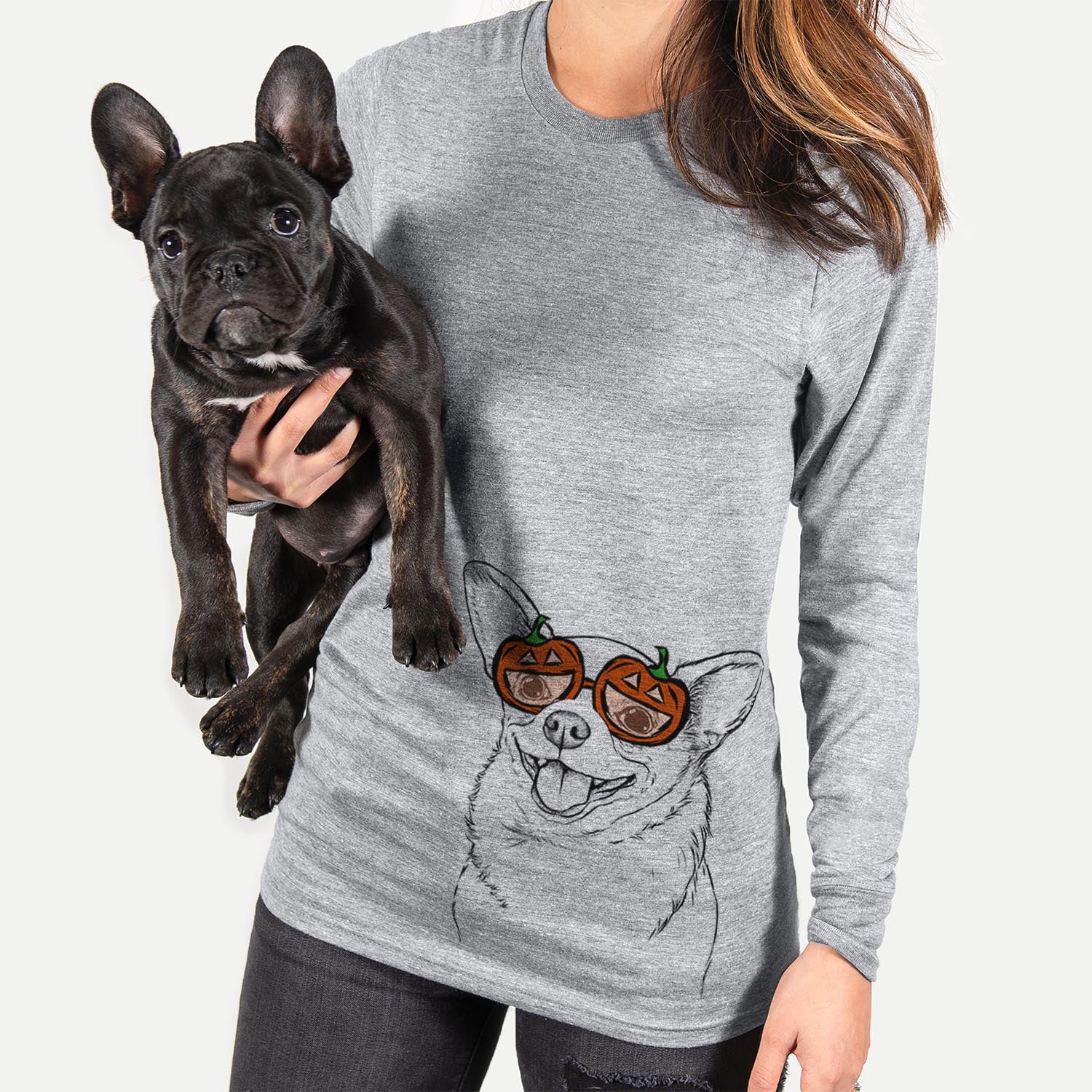 Hand-drawn sketch of Maddison Pearl the Chihuahua wearing pumpkin glasses on a Grey pumpkin collection