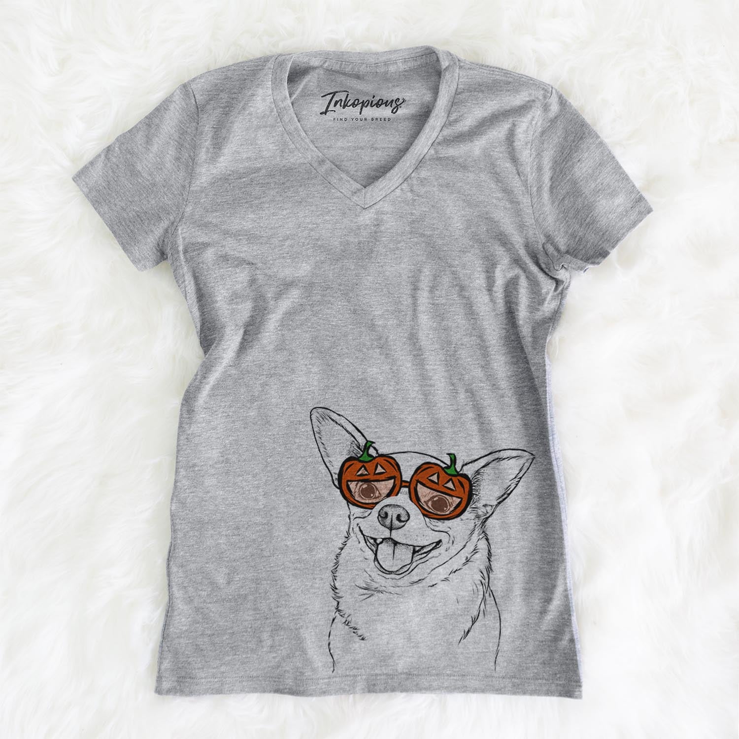 Hand-drawn sketch of Maddison Pearl the Chihuahua wearing pumpkin glasses on a Grey pumpkin collection, on a hanger