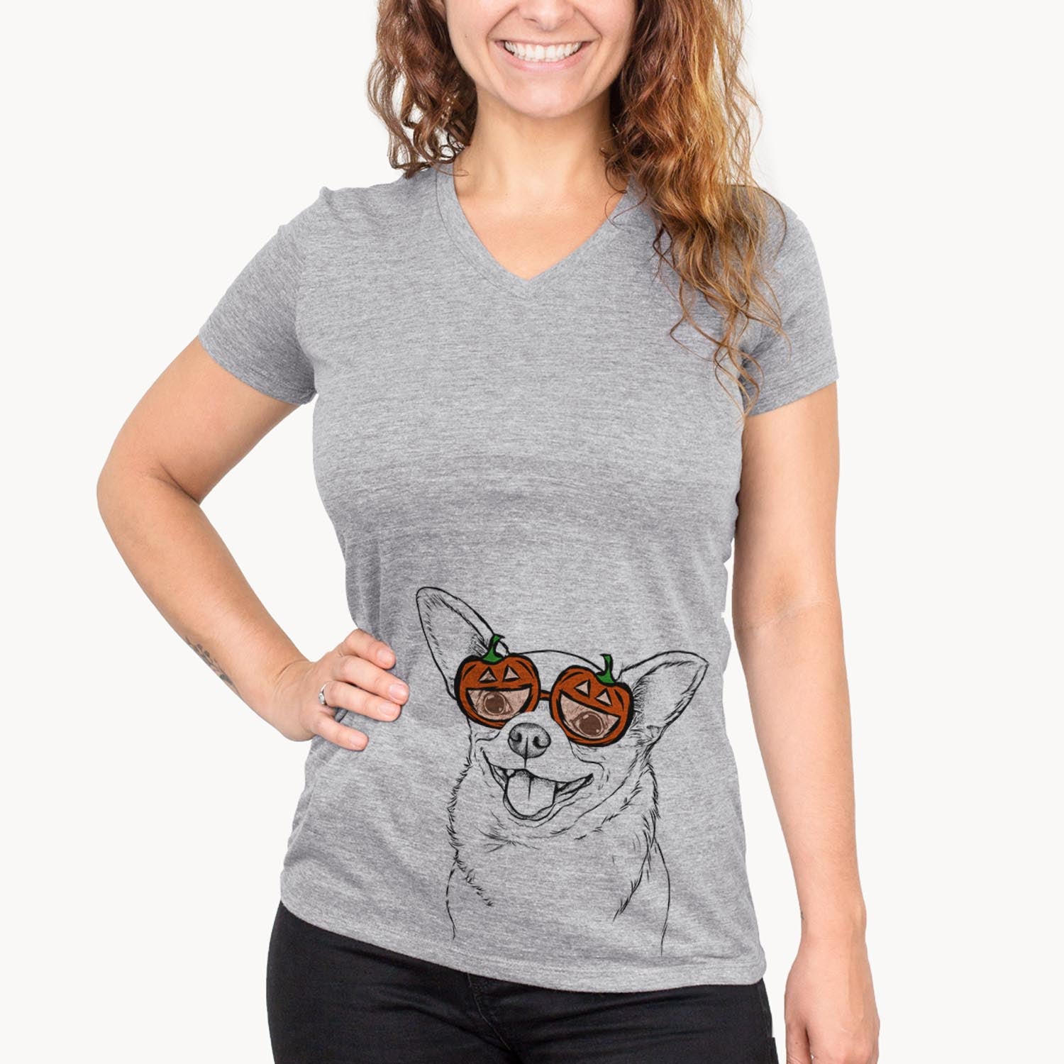 Hand-drawn sketch of Maddison Pearl the Chihuahua wearing pumpkin glasses on a Grey pumpkin collection