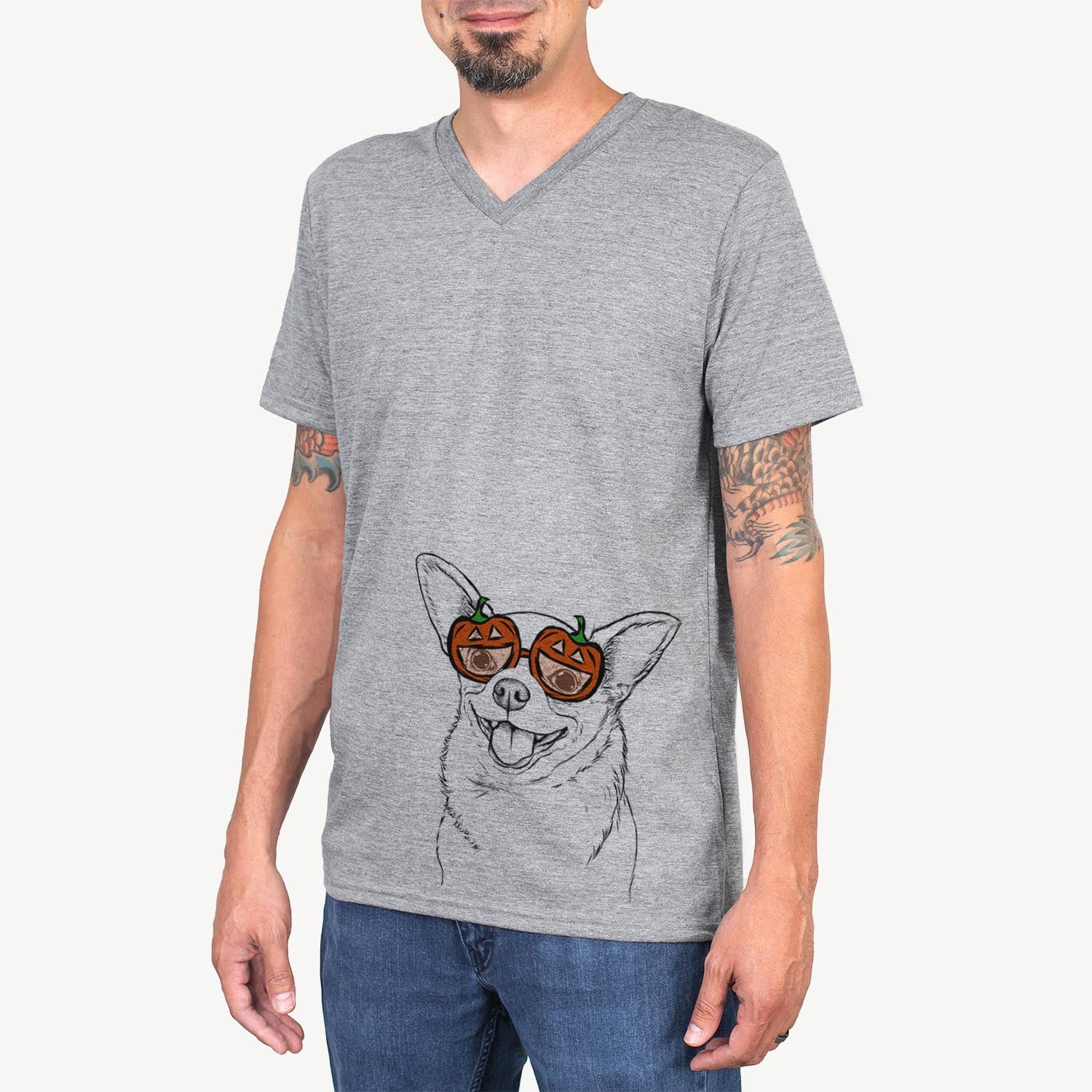 Hand-drawn sketch of Maddison Pearl the Chihuahua wearing pumpkin glasses on a Grey pumpkin collection