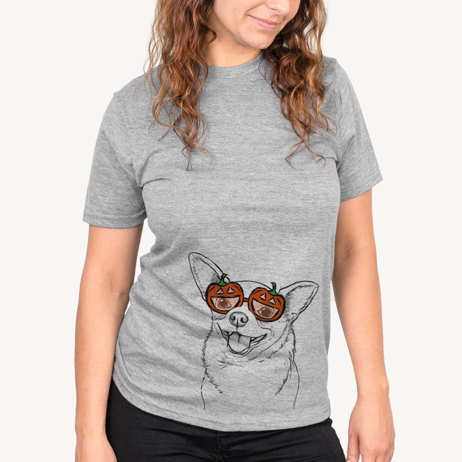 Hand-drawn sketch of Maddison Pearl the Chihuahua wearing pumpkin glasses on a Grey pumpkin collection, on a hanger