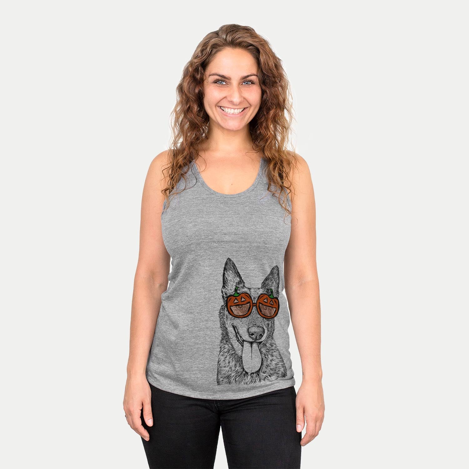 Hand-drawn sketch of Madison the Blue Heeler wearing pumpkin glasses on a Grey pumpkin collection