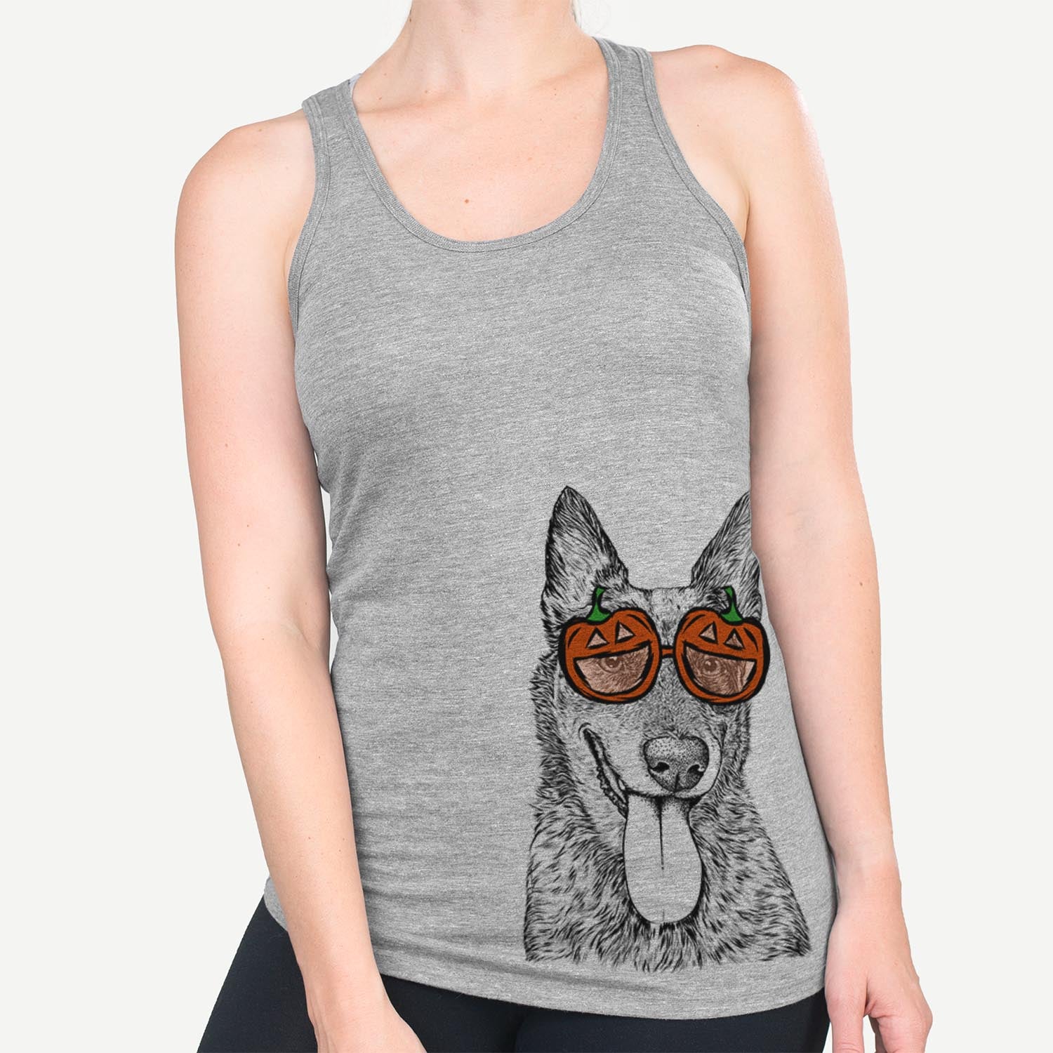Hand-drawn sketch of Madison the Blue Heeler wearing pumpkin glasses on a Grey pumpkin collection