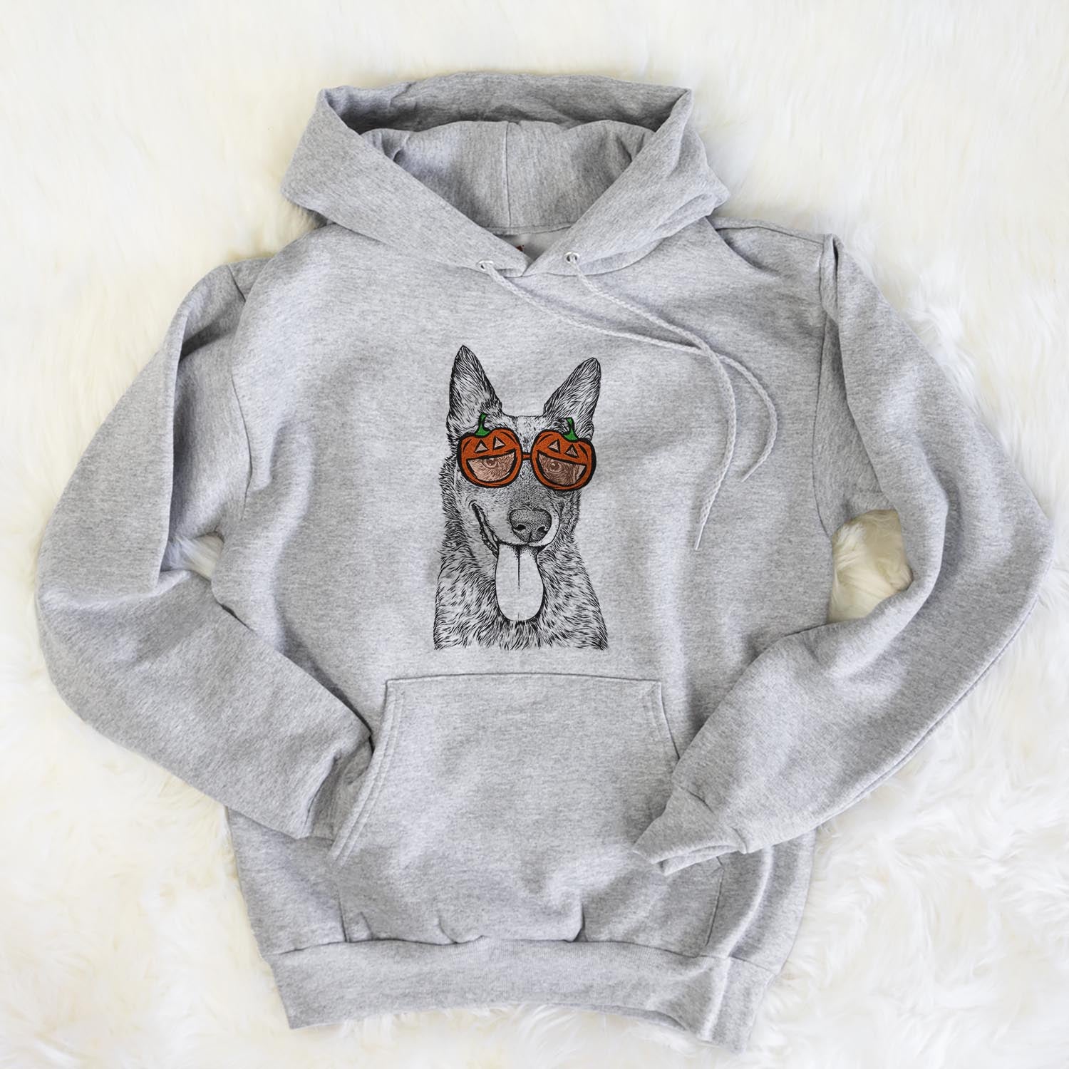 Hand-drawn sketch of Madison the Blue Heeler wearing pumpkin glasses on a Grey pumpkin collection, flat lay