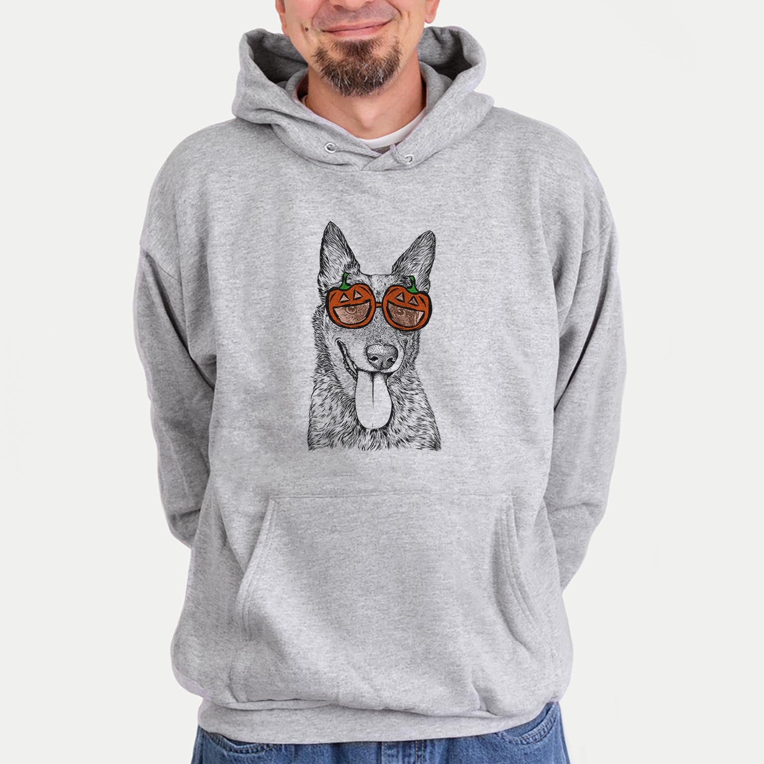 Hand-drawn sketch of Madison the Blue Heeler wearing pumpkin glasses on a Grey pumpkin collection, hanging on a wall