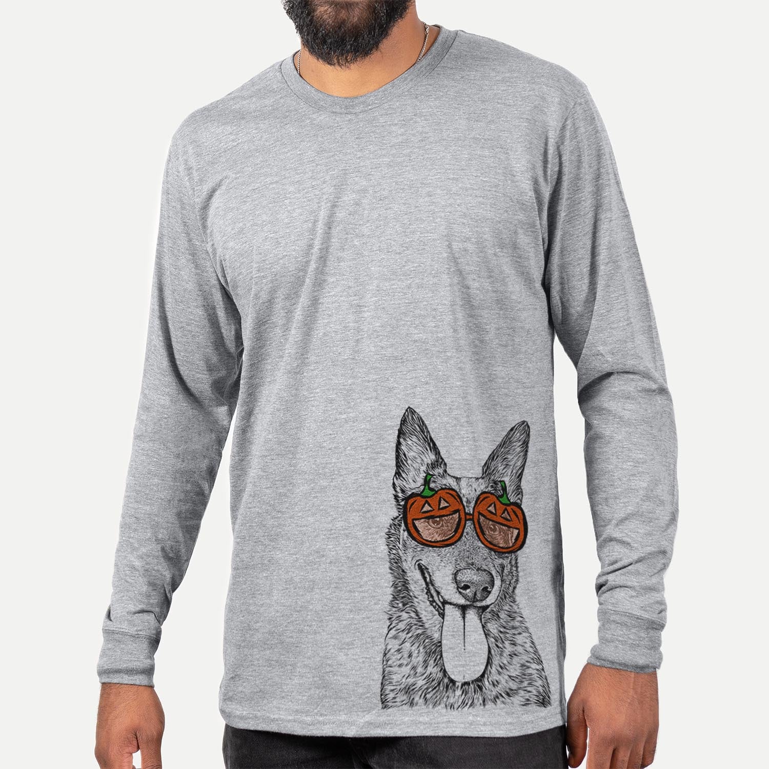 Hand-drawn sketch of Madison the Blue Heeler wearing pumpkin glasses on a Grey pumpkin collection, hanging on a wall