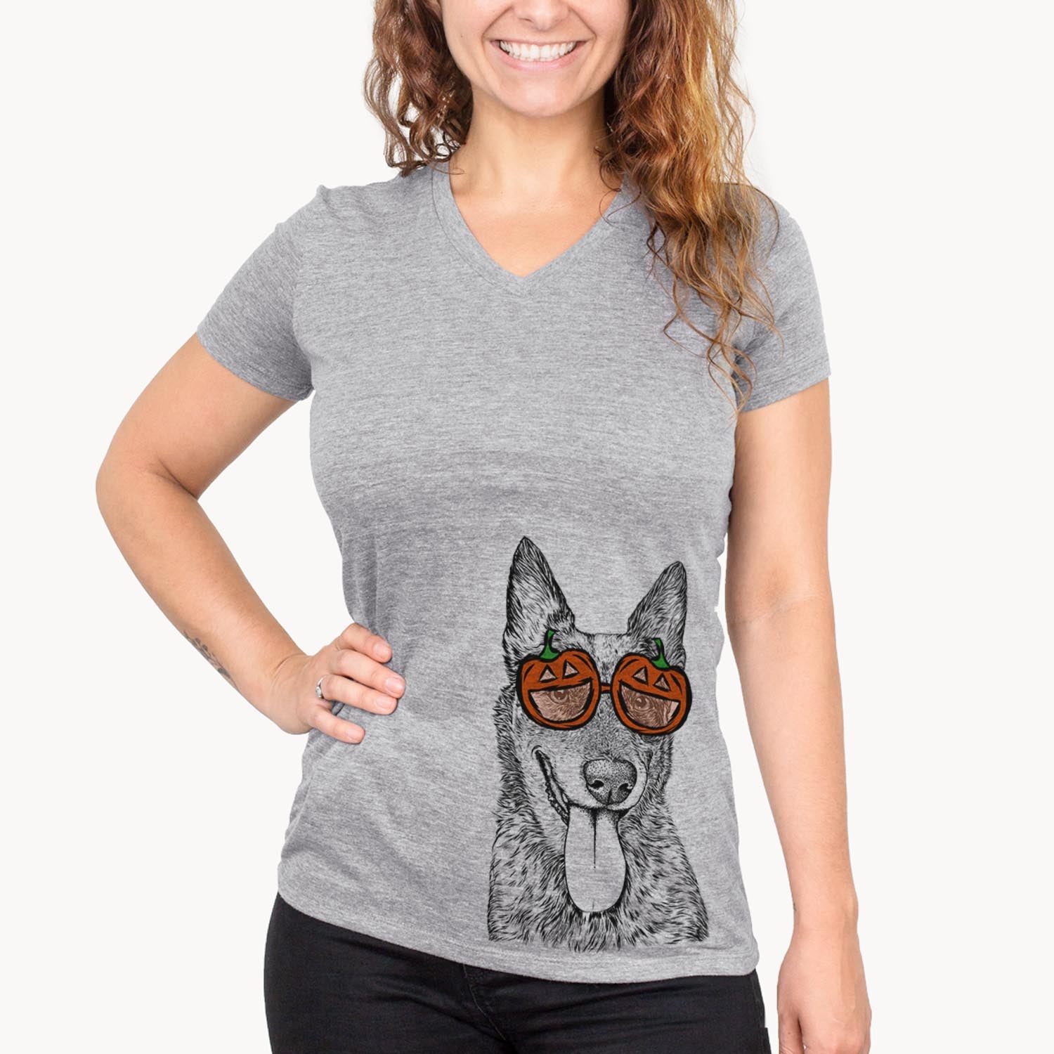 Hand-drawn sketch of Madison the Blue Heeler wearing pumpkin glasses on a Grey pumpkin collection