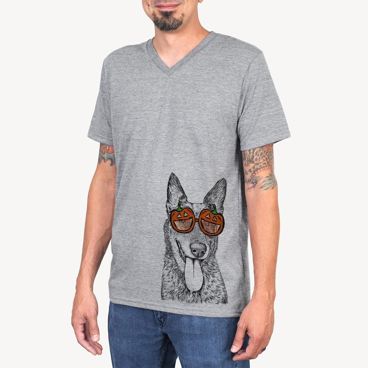 Hand-drawn sketch of Madison the Blue Heeler wearing pumpkin glasses on a Grey pumpkin collection