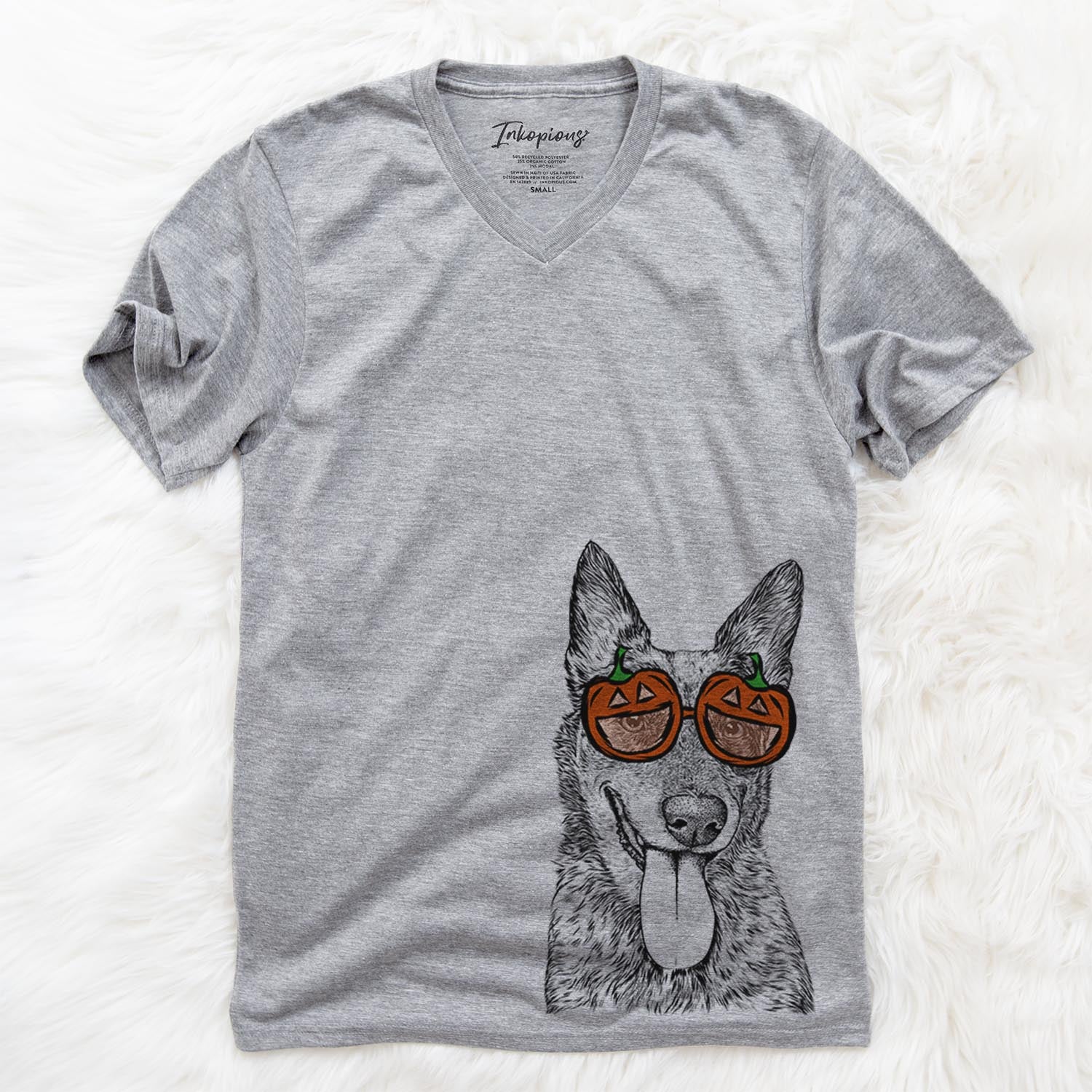 Hand-drawn sketch of Madison the Blue Heeler wearing pumpkin glasses on a Grey pumpkin collection